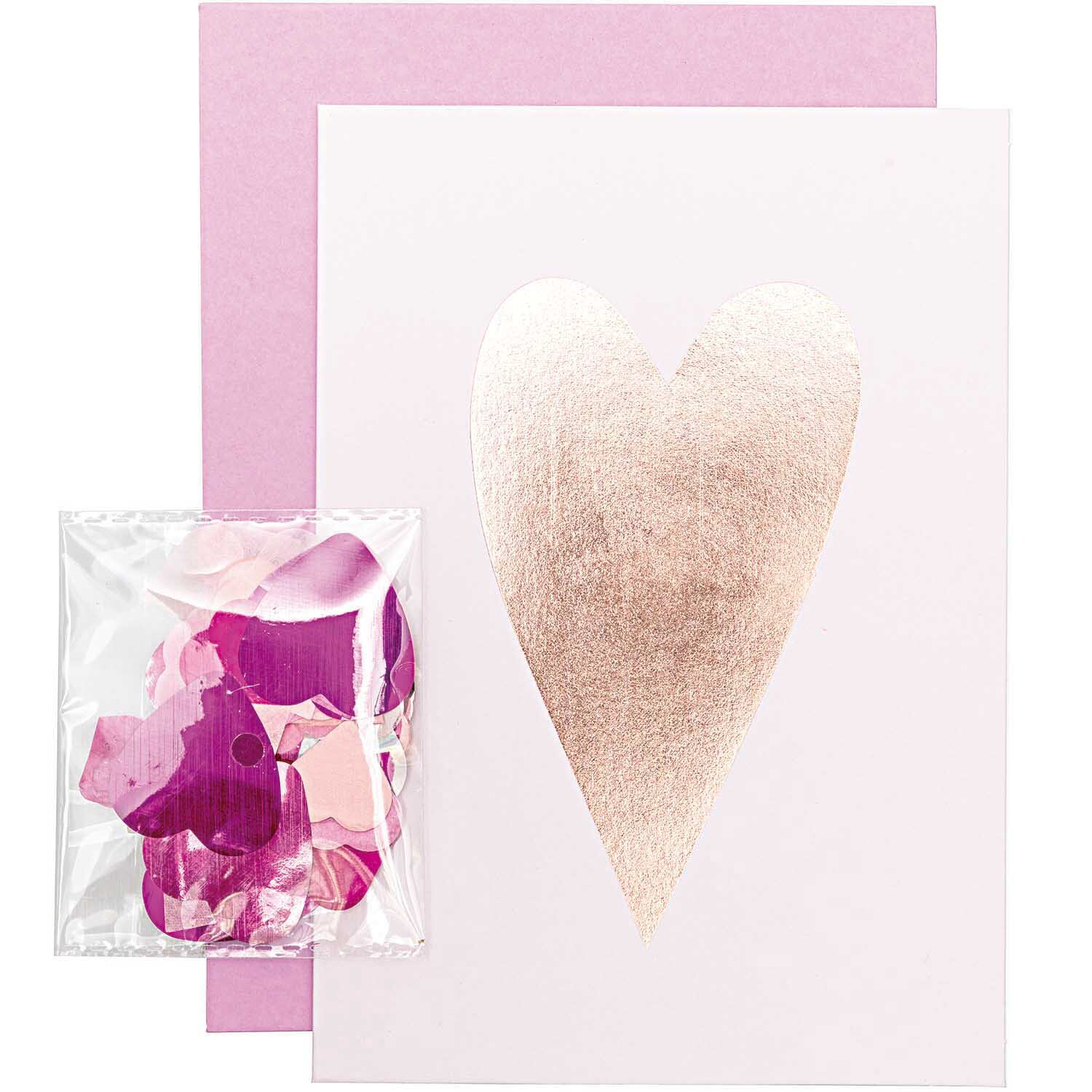 Paper Poetry Grußkartenset mit Herzmotiv und rosa Umschlag, ideal für romantische Anlässe. Enthält Konfetti von Rico Design.