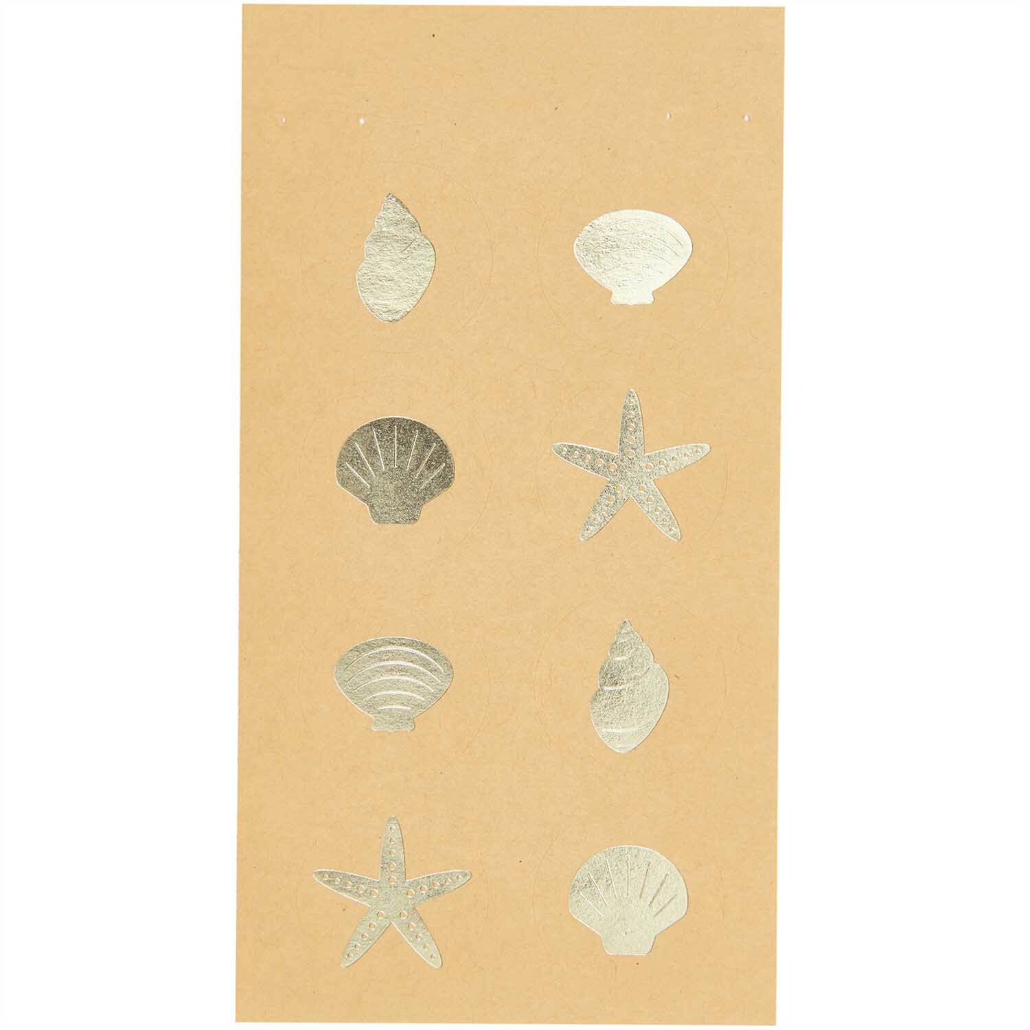 Paper Poetry Sticker Muscheln 4 Blatt von Rico Design Paper Poetry Sticker Muscheln 4 Blatt: Goldene Muschel- und Seestern-Sticker auf braunem Hintergrund von Rico Design.