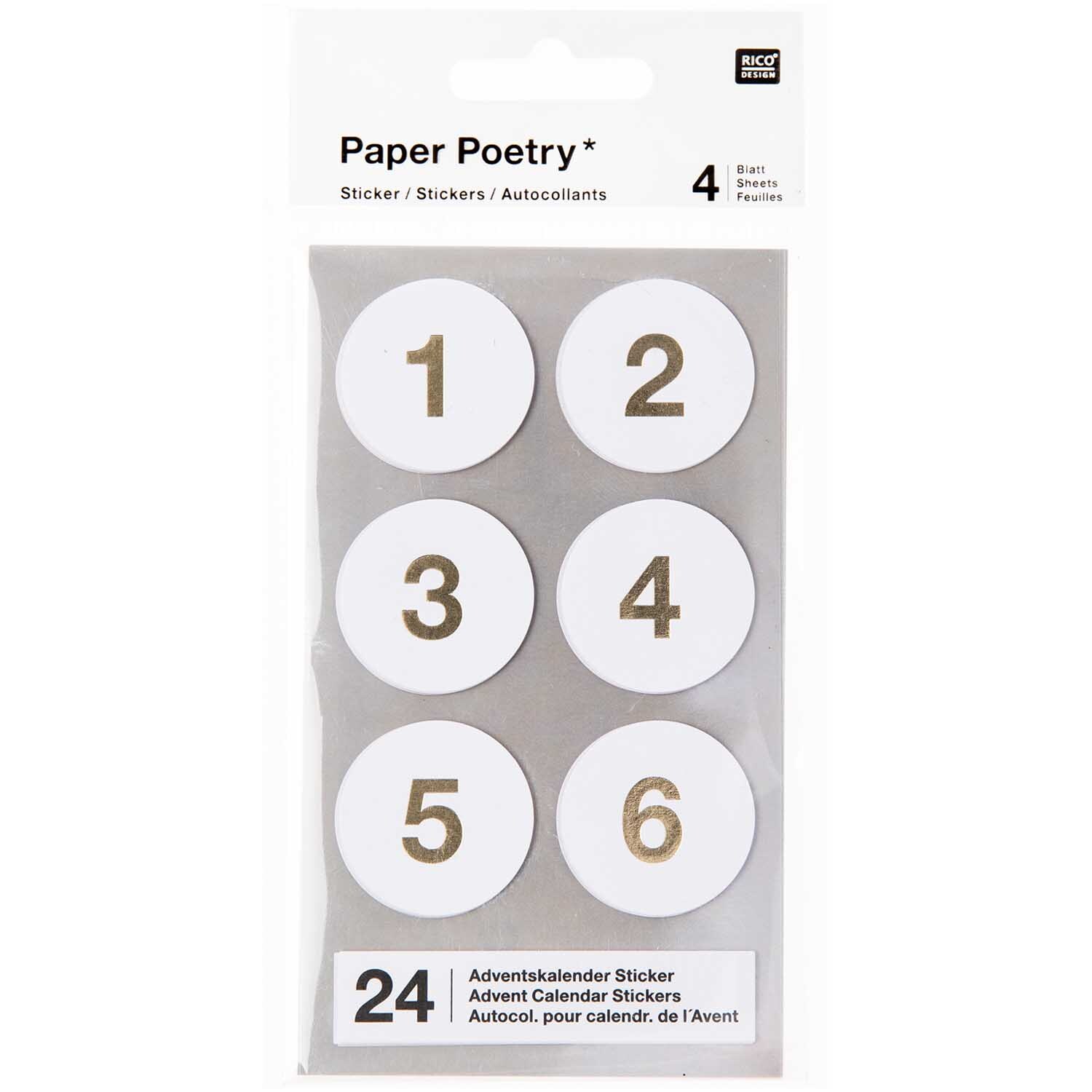 Paper Poetry Adventskalender Sticker Zahlen 1-24 auf weißem Hintergrund, ideal für kreative Projekte. Marke: Rico Design.