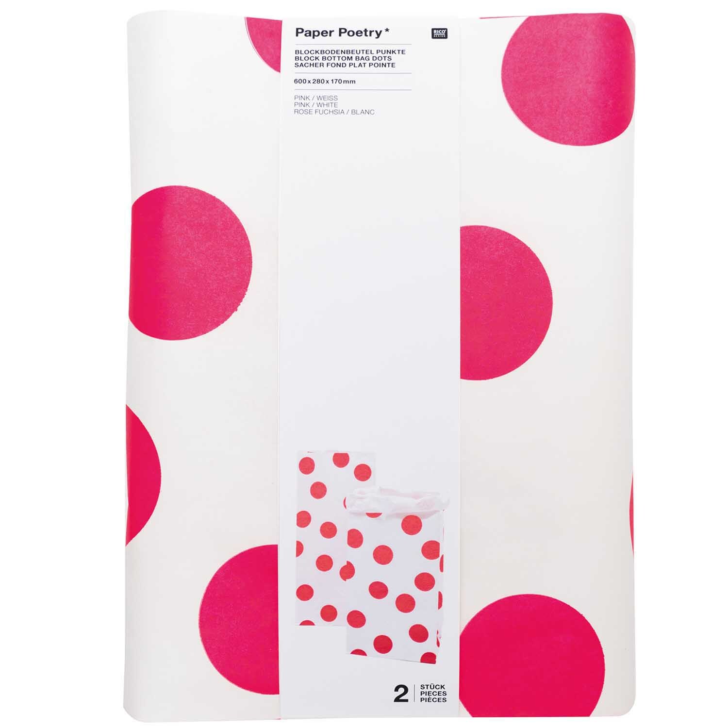 Paper Poetry Maxi-Blockbodenbeutel L Punkte 60x28x17cm 2 Stück Farbe Pink-Weiß von Rico Design Paper Poetry Maxi-Blockbodenbeutel L Punkte, pink-weiß, 60x28x17cm, 2 Stück, ideal für Geschenke.