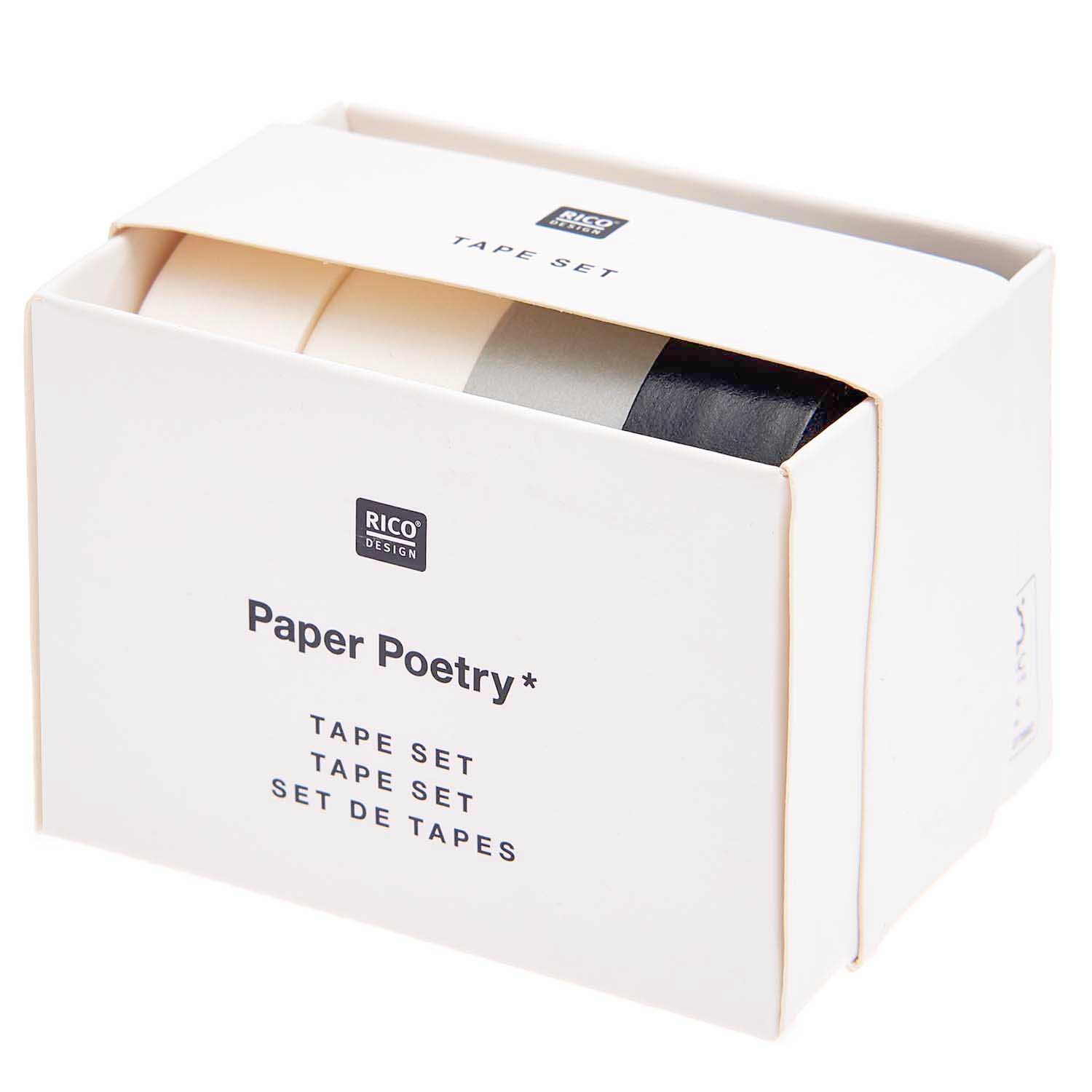 Paper Poetry Tape Set schwarz-weiß 15mm 10m 4-teilig von Rico Design Paper Poetry Tape Set, 4-teilig, in einer Box von Rico Design. Enthält schwarz-weiße Rollen.