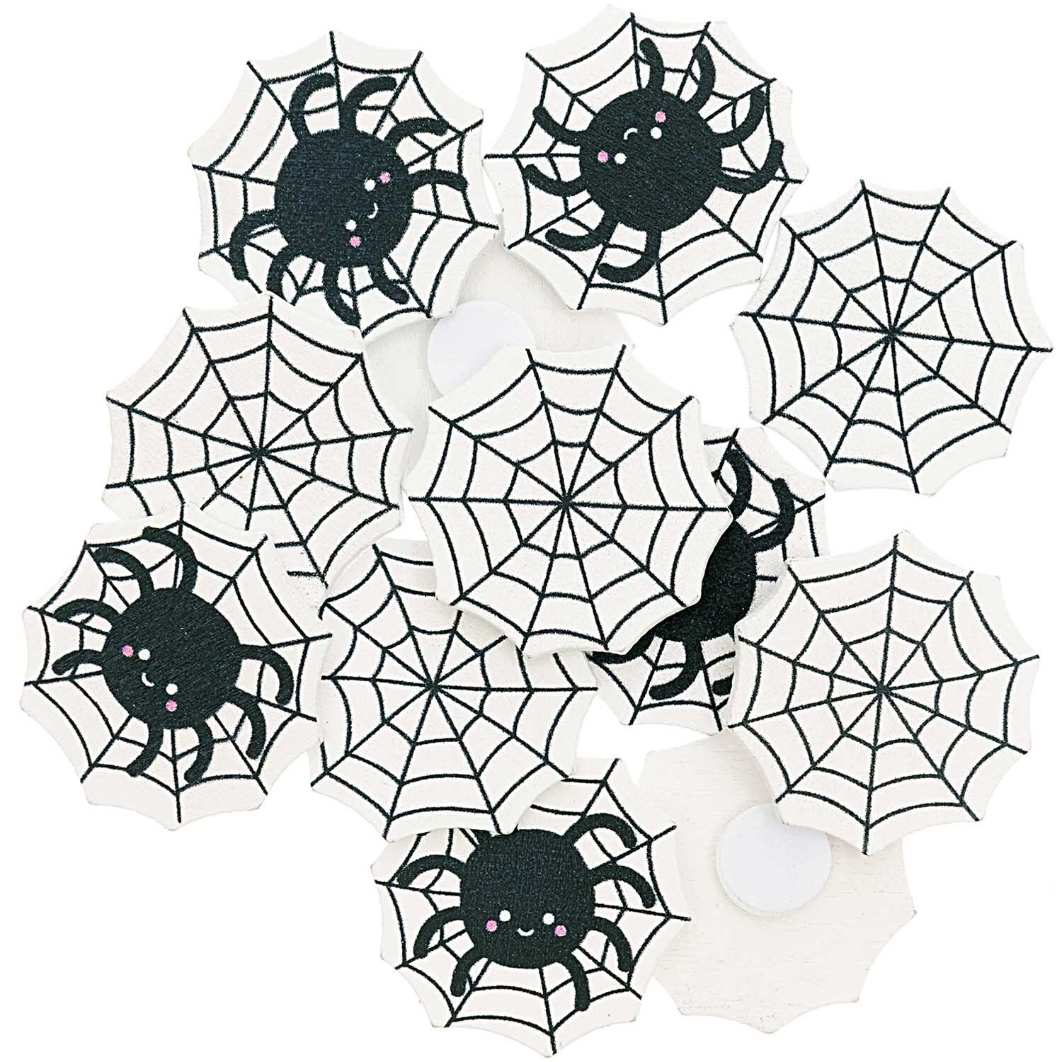 Holzsticker Spinnennetz Mix: Schwarze und weiße Spinnennetze und Spinnen von Rico Design, 12 Stück.