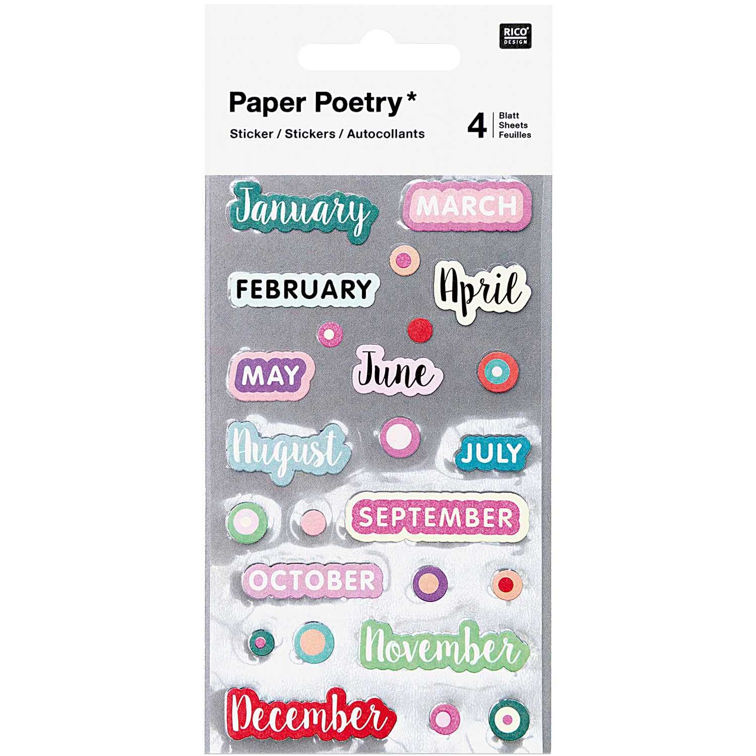 Paper Poetry Sticker Monate 100 Stück zeigt bunte Monatsnamen und Kreise auf einem grauen Hintergrund. Ideal für kreative Projekte.