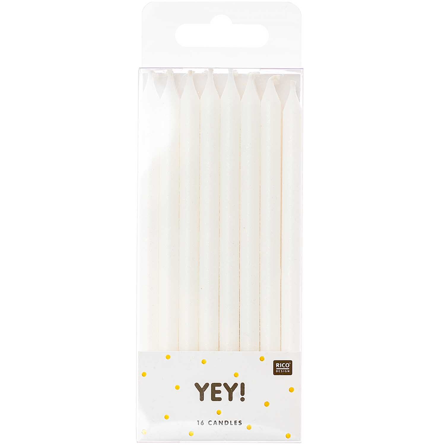Kerzen lang 16 Stück von Rico Design in einer transparenten Verpackung, ideal für festliche Anlässe.