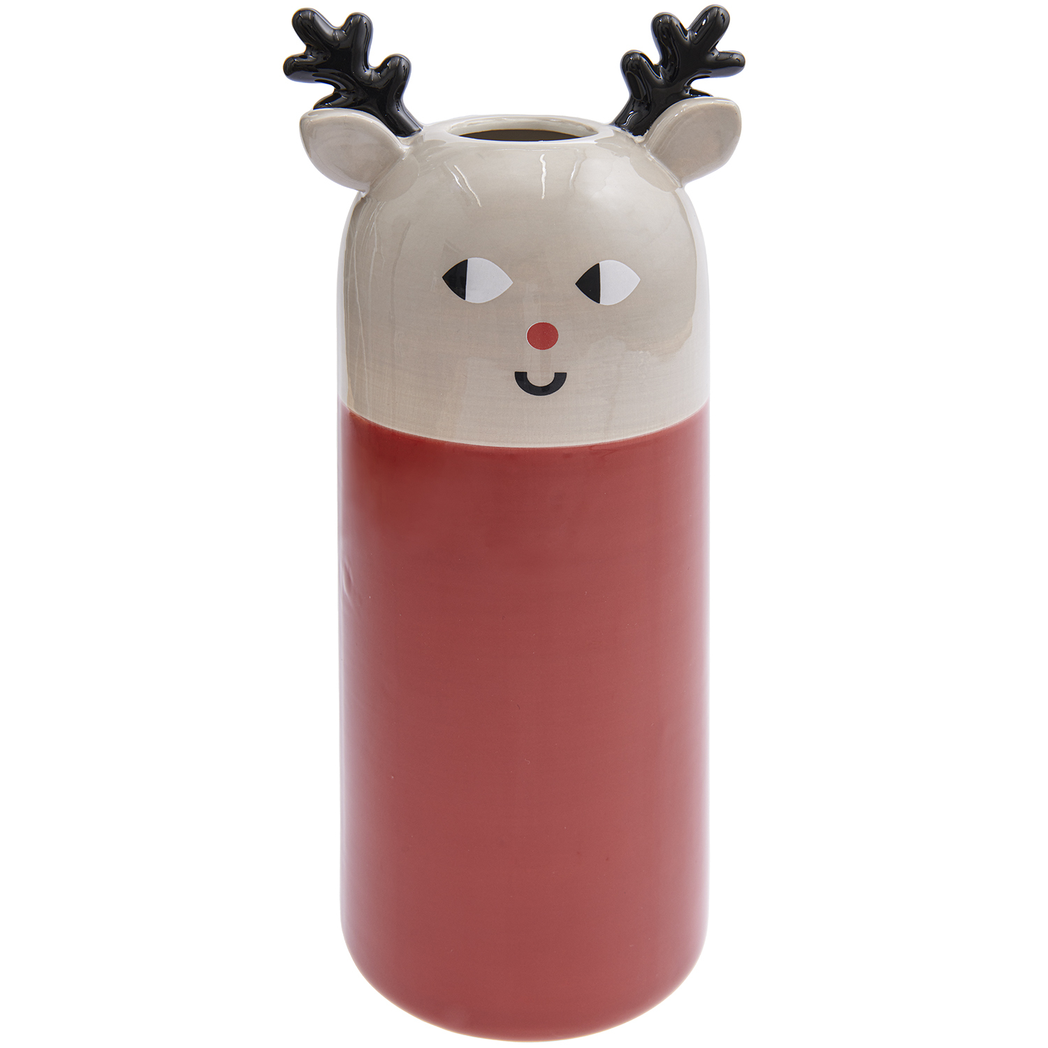 Keramik Vase Rentier rot 29cm von Rico Design zeigt ein Rentiergesicht auf rotem Keramik.