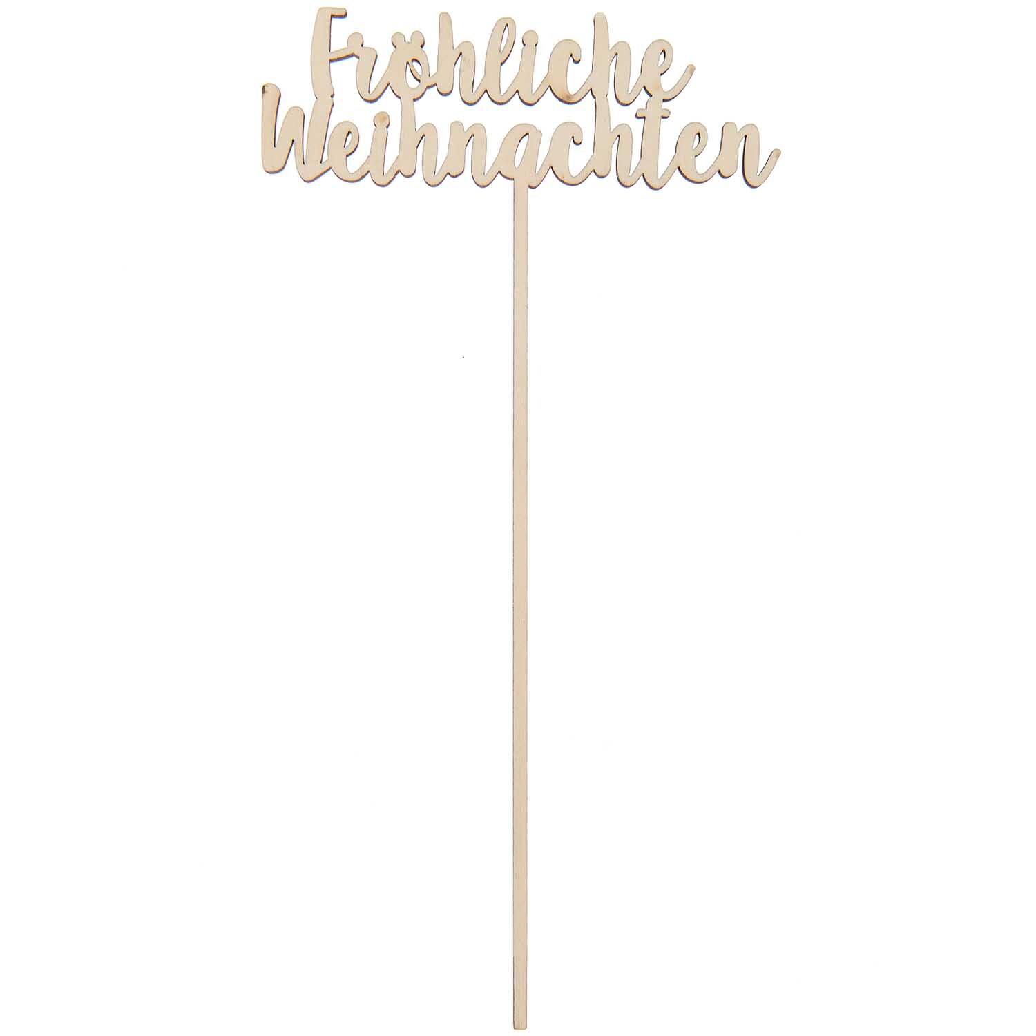 Holzpicker Fröhliche Weihnachten aus hellem Holz, ideal für festliche Dekorationen von Rico Design.