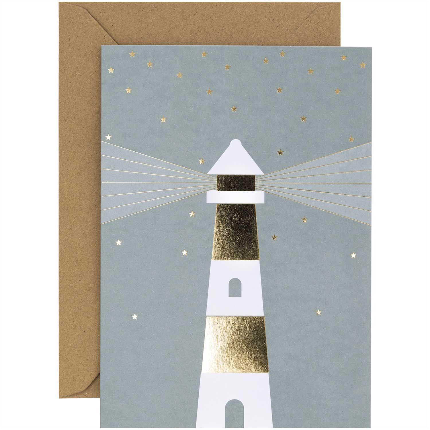 Paper Poetry Kartenset Leuchtturm mit goldenen Akzenten auf blauem Hintergrund, 20-teilig von Rico Design.