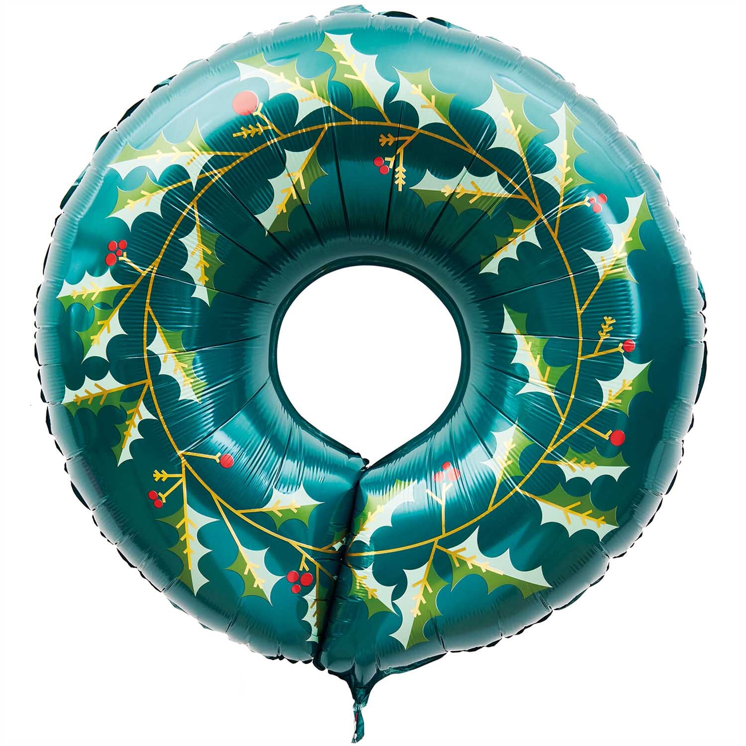 Folienballon Weihnachten Kranz von Rico Design: Ein runder, grüner Ballon mit Stechpalmenmotiv. Perfekt für festliche Dekorationen.