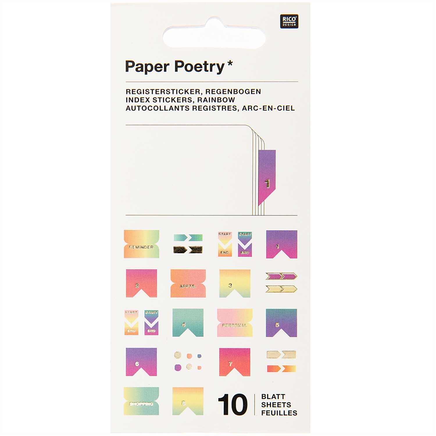 Paper Poetry Stickerbuch mit 10 Blättern zeigt bunte Registersticker von Rico Design. Ideal für kreative Projekte.