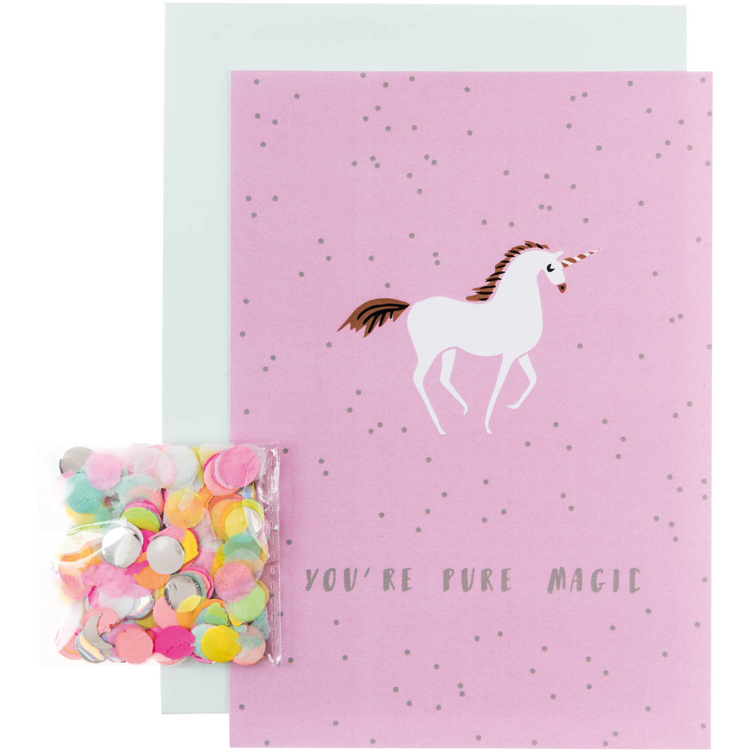 Paper Poetry Grußkartenset Wonderland Einhorn mit Einhornmotiv auf rosa Karte und buntem Konfetti. Ideal für magische Grüße.