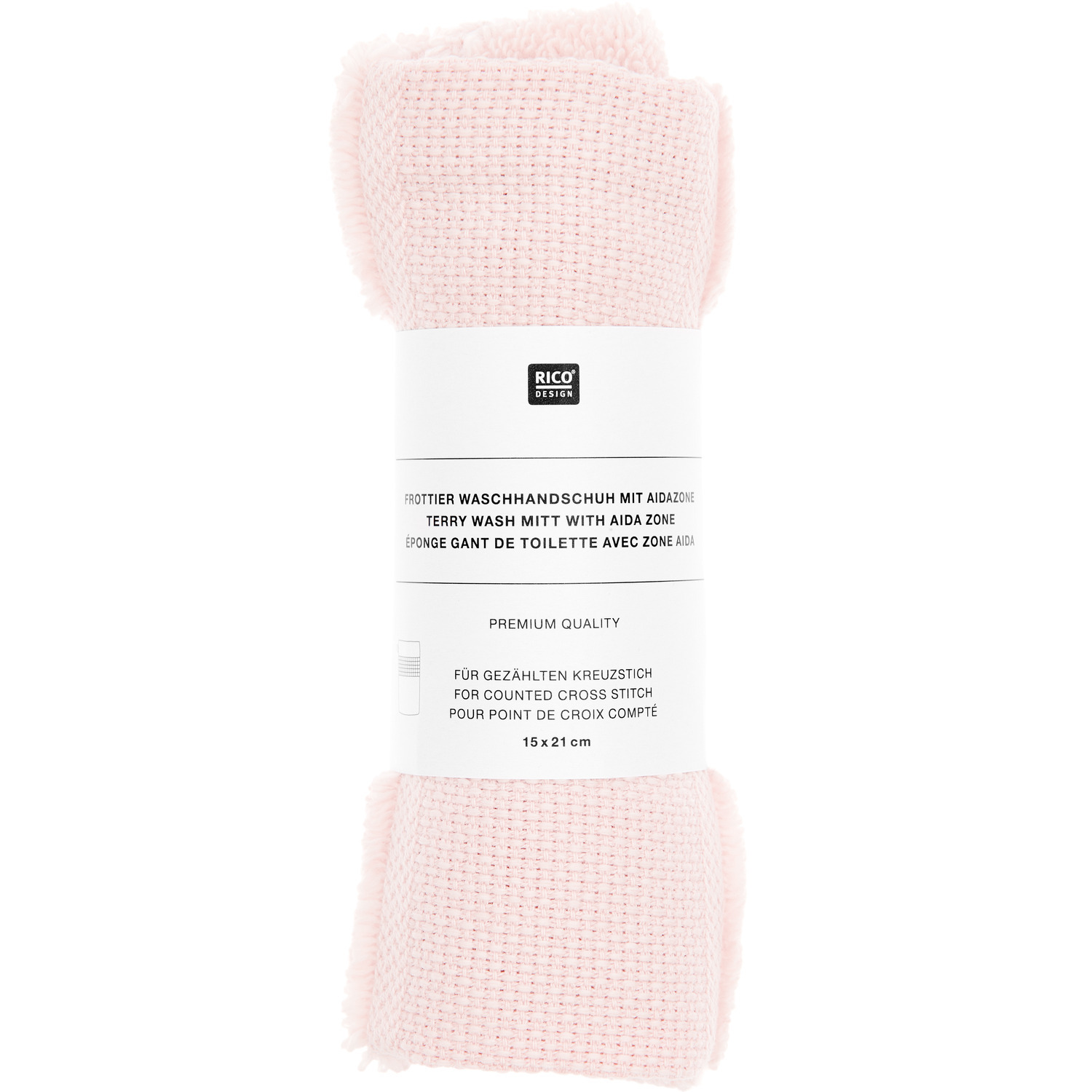 Gant de toilette 15x21cm, GOTS Couleur Rose pastel from Rico Design Waschhandschuh in Pastellrosa von Rico Design, 15x21cm, GOTS-zertifiziert, aufgerollt mit Etikett.