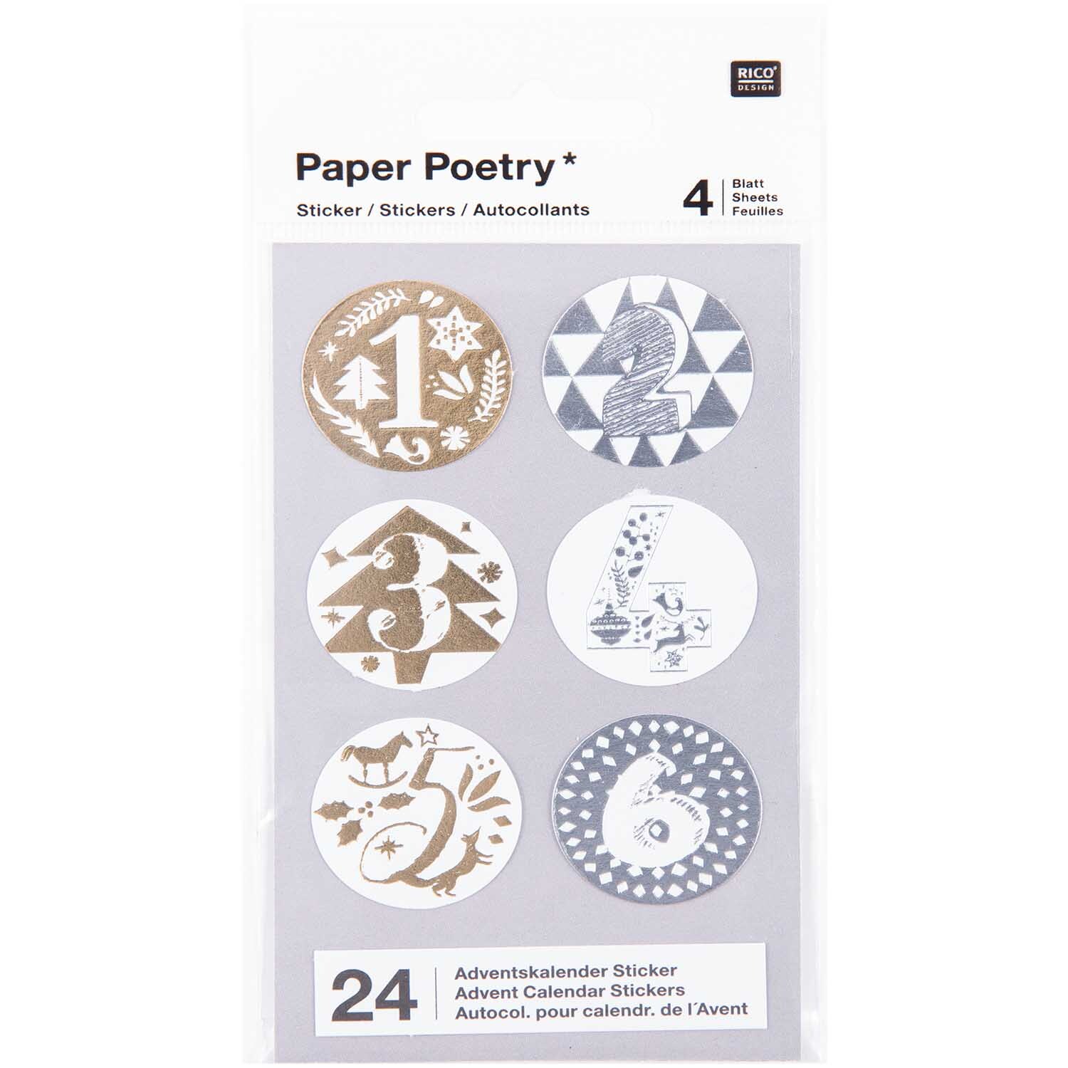 Paper Poetry Adventskalender Sticker gold-silber 24 Stück von Rico Design Paper Poetry Adventskalender Sticker mit goldenen und silbernen Motiven, ideal für kreative Kalendergestaltung.
