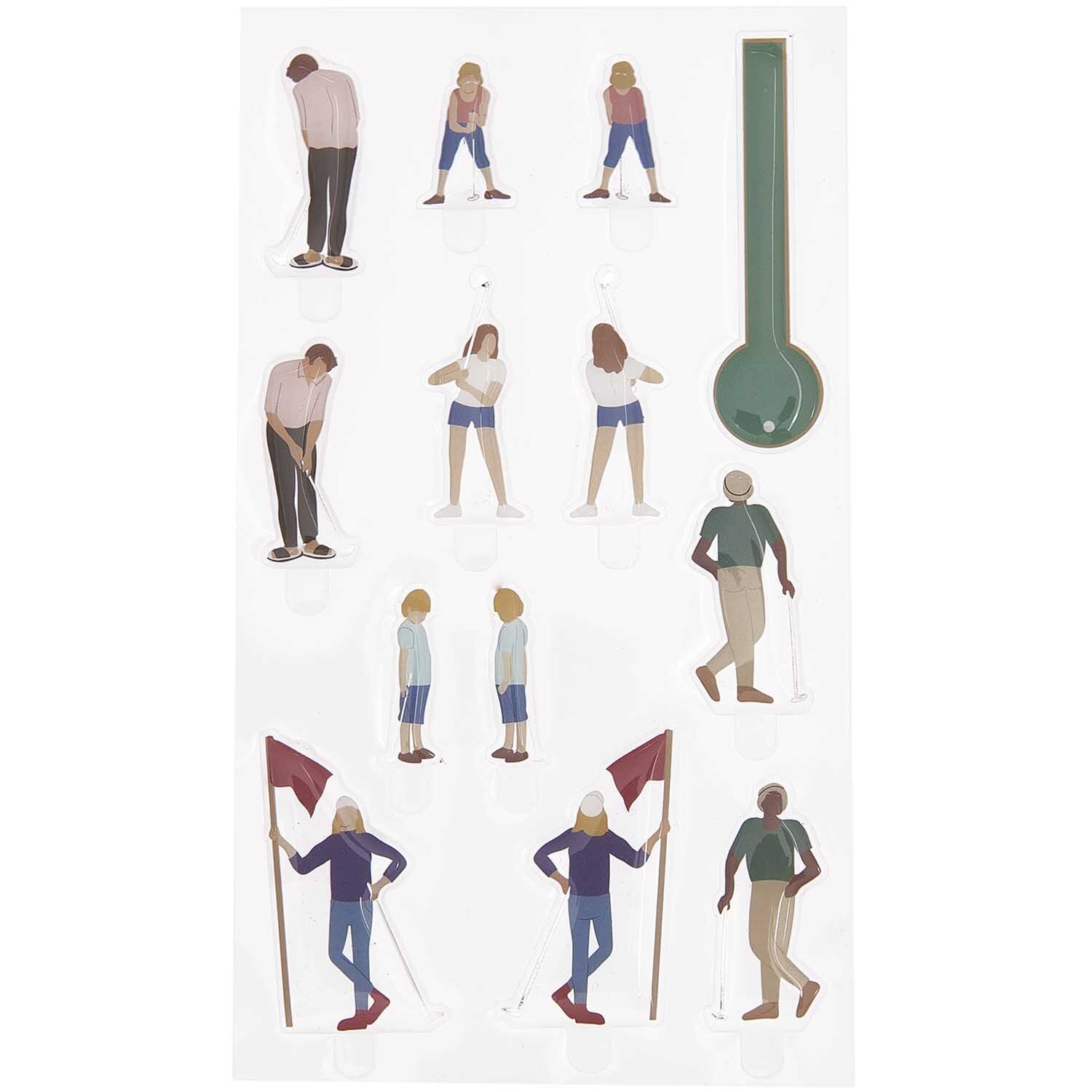 Figurico Gelsticker Golfspieler: Verschiedene Golfmotive in bunten Farben auf transparentem Hintergrund.