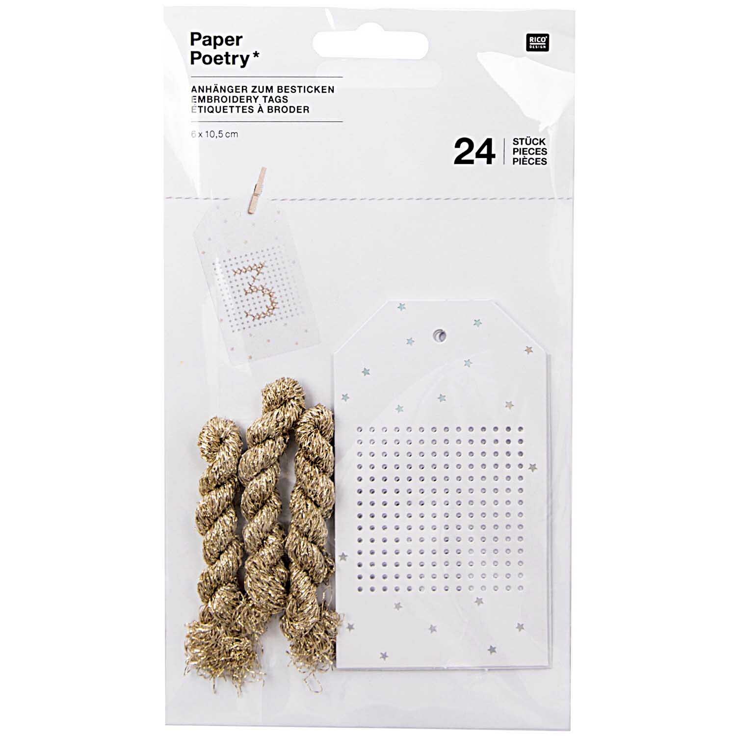 Paper Poetry Anhänger zum Besticken, 24 Stück, mit Garn. Enthält weiße Anhänger und goldene Fäden. Ideal für kreative Projekte.