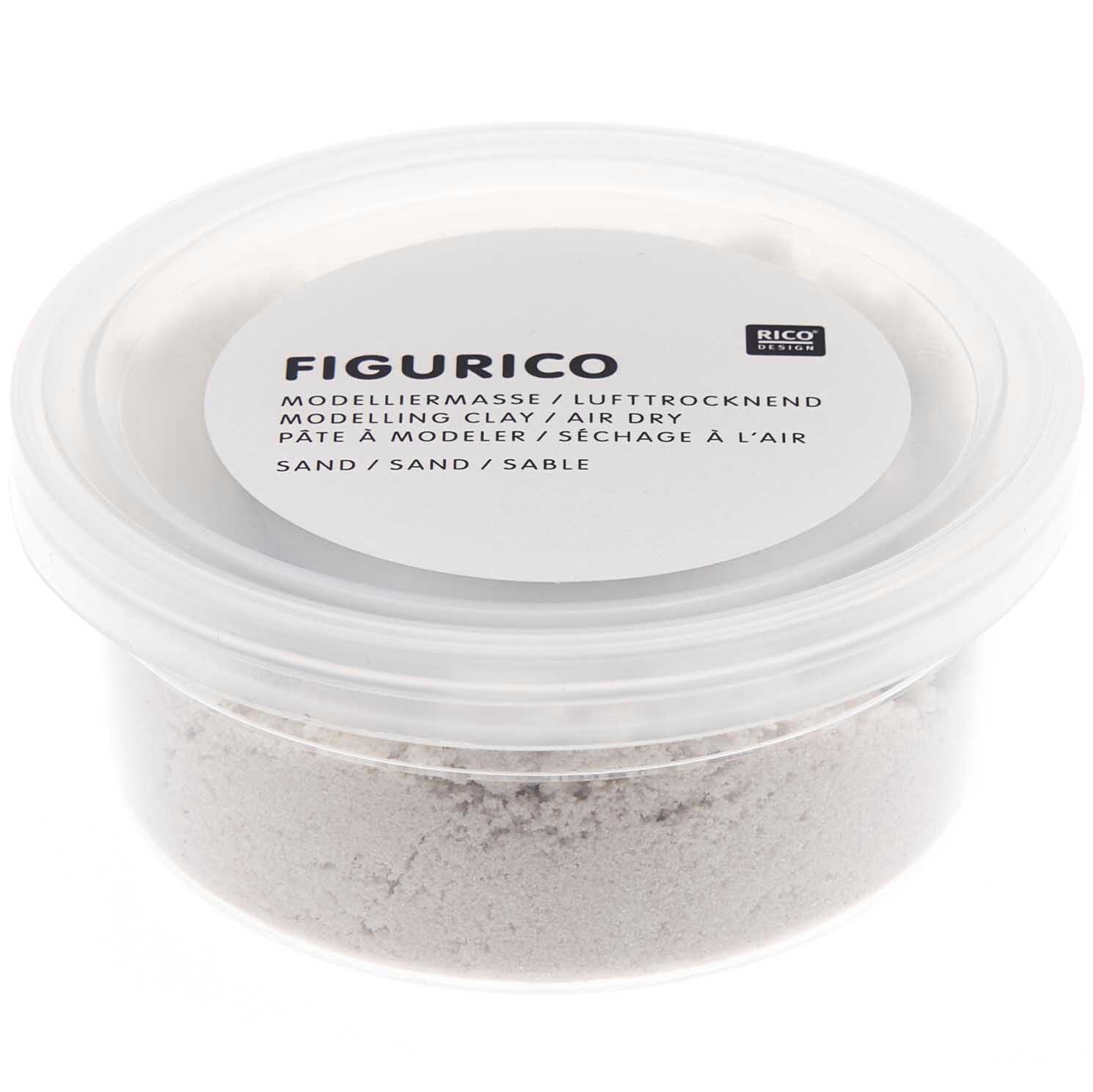 Figurico Modelliermasse Sand 105g in einem transparenten Behälter von Rico Design, ideal zum kreativen Gestalten.