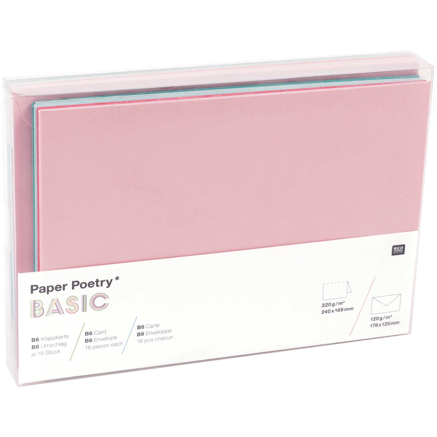 Paper Poetry Kartenset Basic tropical B6, 36-teilig, von Rico Design, zeigt pastellfarbene Karten und Umschläge in einer transparenten Verpackung.