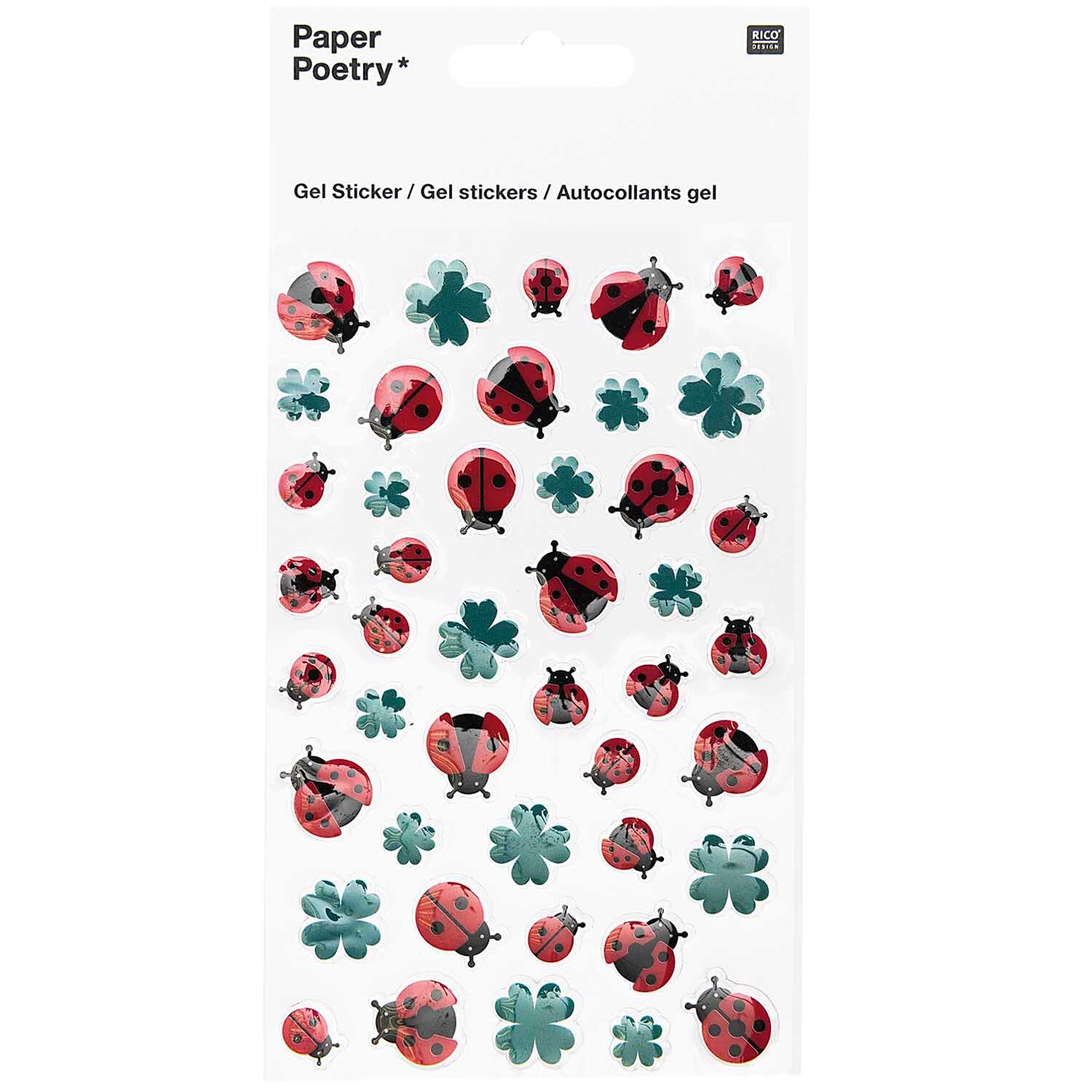 Paper Poetry Gelsticker Marienkäfer: Mehrfarbige Gelsticker von Rico Design mit Marienkäfer- und Blumenmotiven auf weißem Hintergrund.