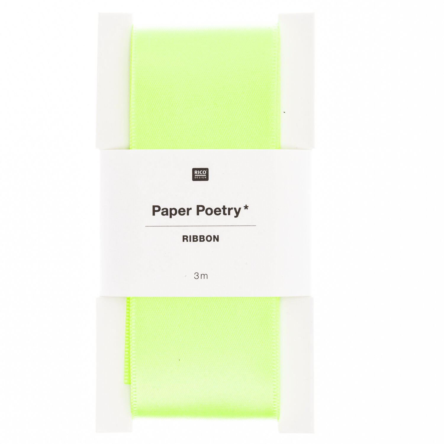 Paper Poetry Satinband in Neon Gelb, 38mm breit und 3m lang, von Rico Design, auf Karton.