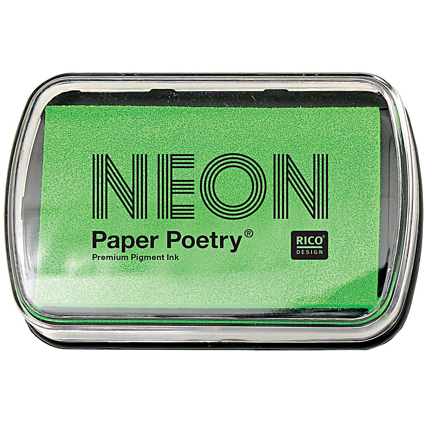 Paper Poetry Stempelkissen in leuchtendem Neongrün von Rico Design, 9x6cm, in rechteckiger Form.