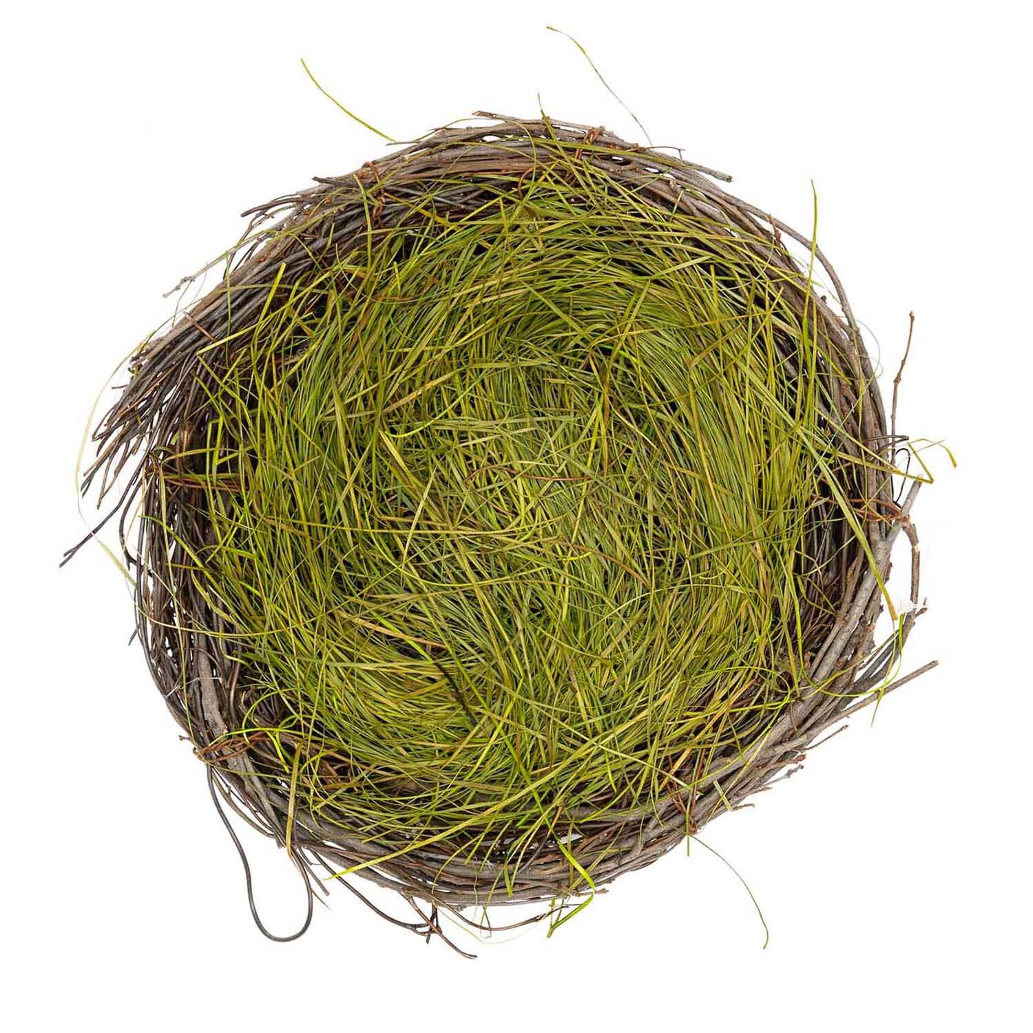 Naturnest mit Ostergras 20cm von Rico Design zeigt ein rundes Nest aus braunen Zweigen und grünem Gras. Ideal für Frühlingsdekorationen.