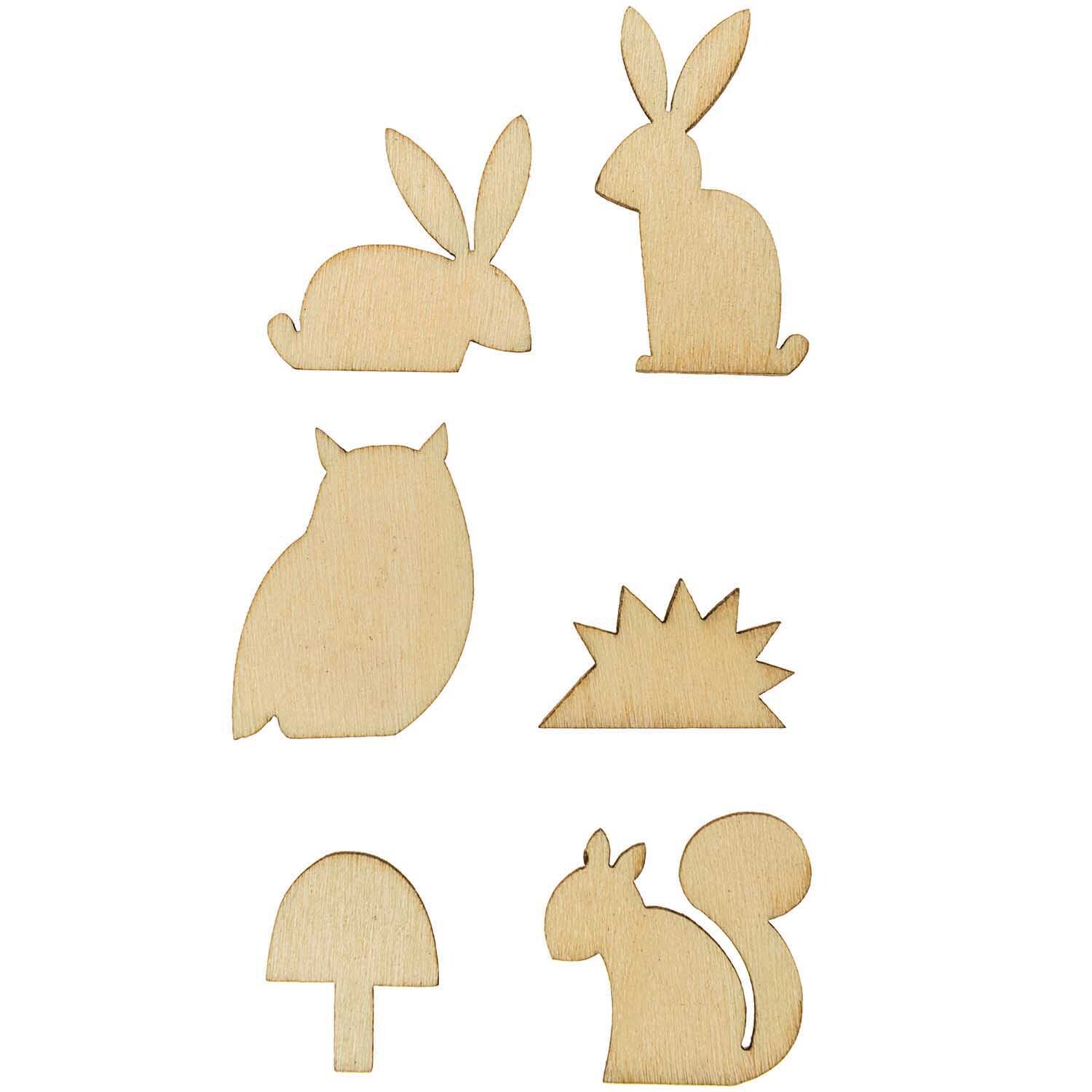 Holzdeko-Set Waldtiere klein: Sechs naturfarbene Holzfiguren von Rico Design, darunter Hase, Eule und Igel.