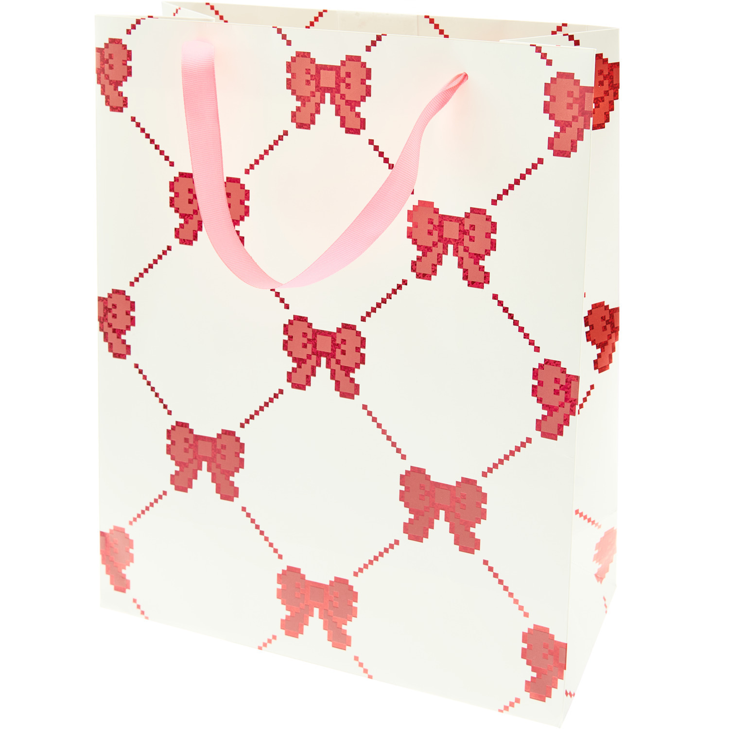 Geschenktüte Pixel Schleifen Creme L mit rosa Schleifenmuster, 26x32x12cm, 230g/m², ideal für Geschenke.