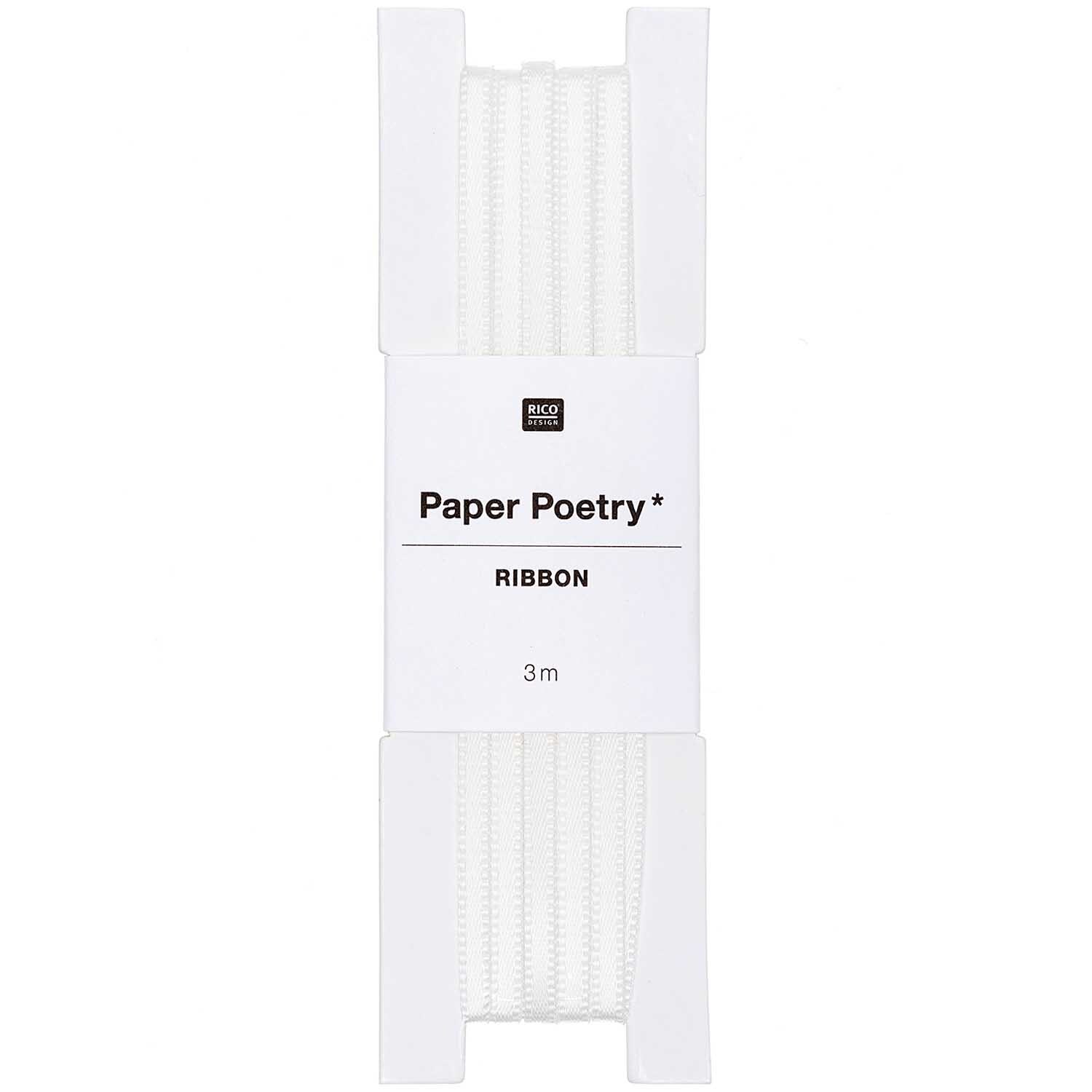 Paper Poetry Satinband 3mm 3m Farbe Off-White von Rico Design Paper Poetry Satinband 3mm 3m in Off-White von Rico Design, präsentiert auf einer weißen Verpackung.