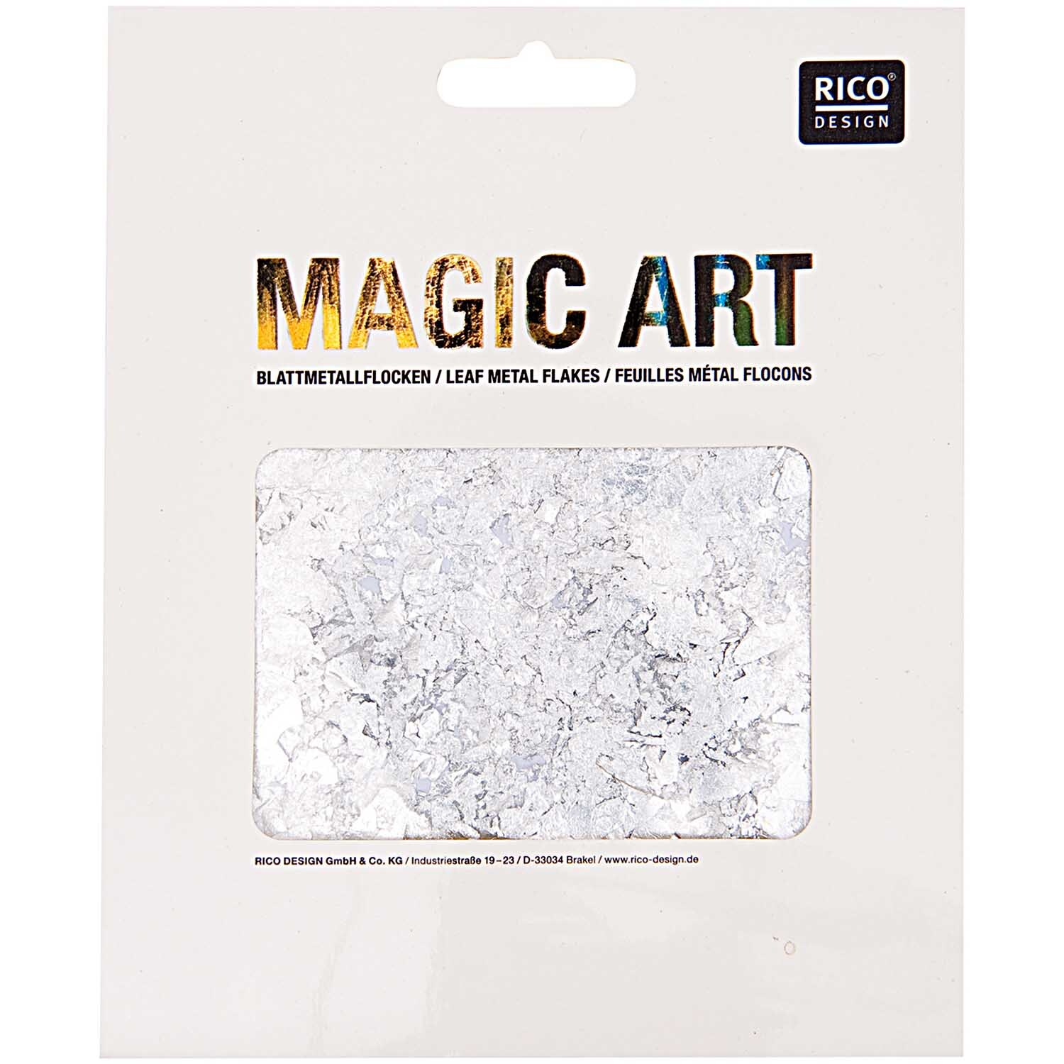 Magic Art Blattmetall-Flocken Farbe Silber von Rico Design Magic Art Blattmetall-Flocken von Rico Design in Silber, präsentiert in einer Verpackung.