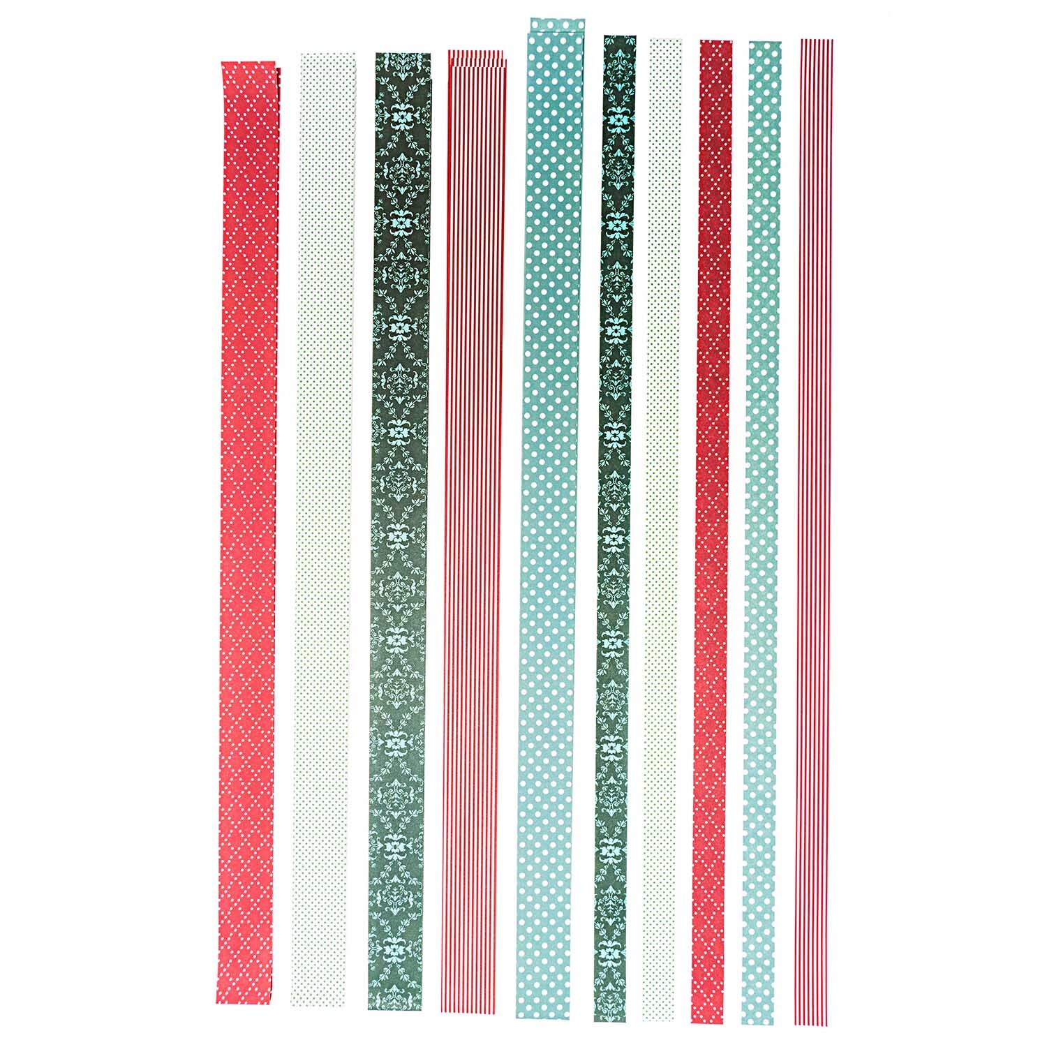 Paper Poetry bandes de Fröbel Christmas Mix 60 pièces from Rico Design Paper Poetry Fröbelstreifen Christmas Mix 60 Stück von Rico Design zeigt bunte Streifen in Rot, Grün und Blau mit verschiedenen Mustern.