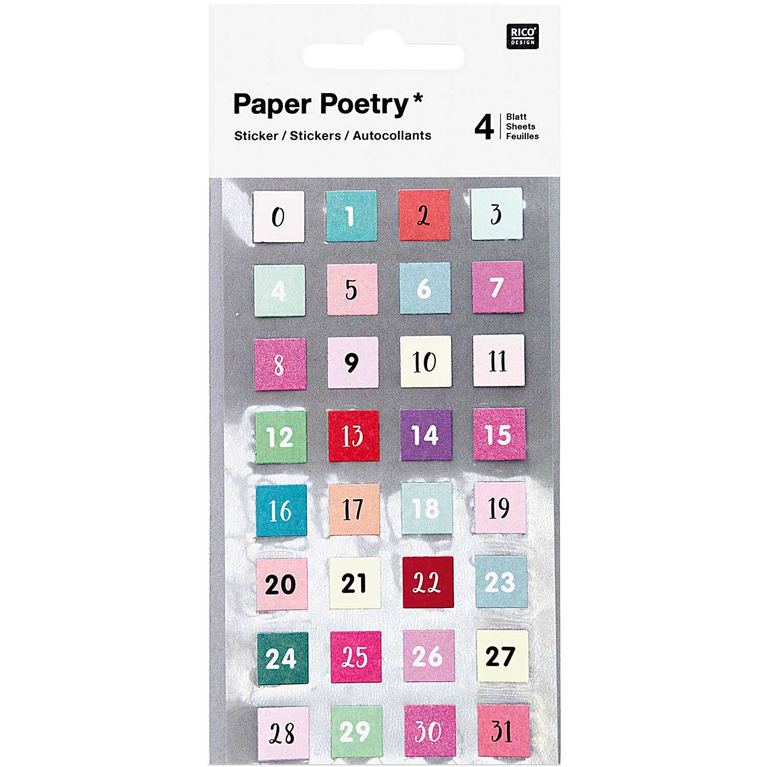 Paper Poetry Sticker Zahlen 0-31, 128 Stück, von Rico Design. Mehrfarbige Zahlensticker auf vier Bögen.