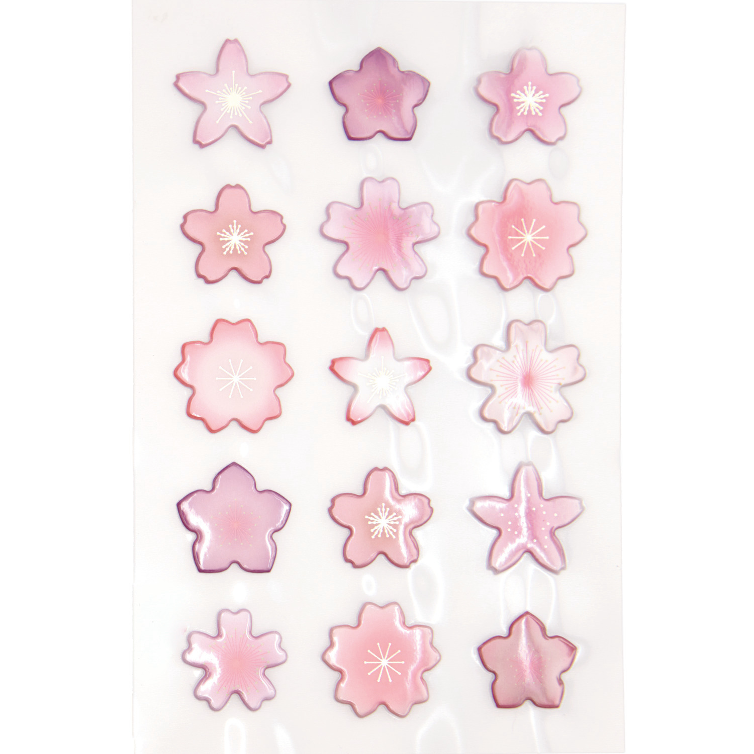 Puffy-Sticker Kirschblüten von Rico Design in Rosa, 15 Stück, zeigen zarte Blütenformen auf einem weißen Hintergrund.