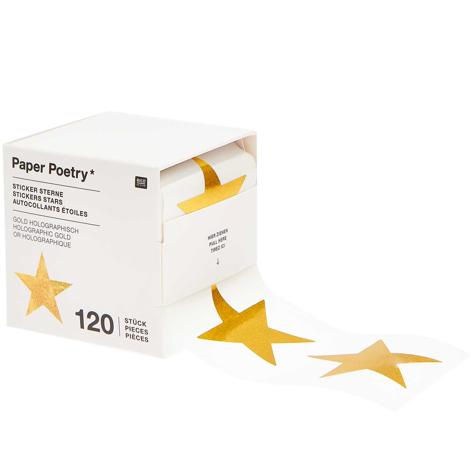 Paper Poetry Sticker Sterne 5cm 120 Stück auf der Rolle Hot Foil Farbe Gold-Holographisch von Rico Design Paper Poetry Sticker Sterne, gold-holographisch, 120 Stück auf Rolle, ideal für kreative Dekorationen.