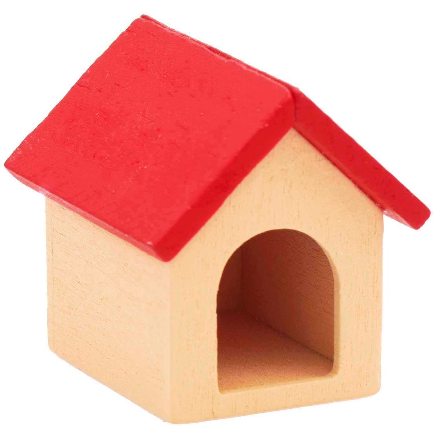 Miniatur Hundehütte 4x4x5cm von Rico Design mit rotem Dach, ideal für Puppenhäuser.
