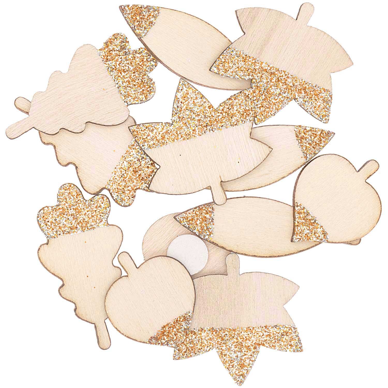 Holzsticker Blätter Mix mit Glitter, natur-roségold, 48 Stück von Rico Design. Verschiedene Blattformen mit glitzernden Akzenten.