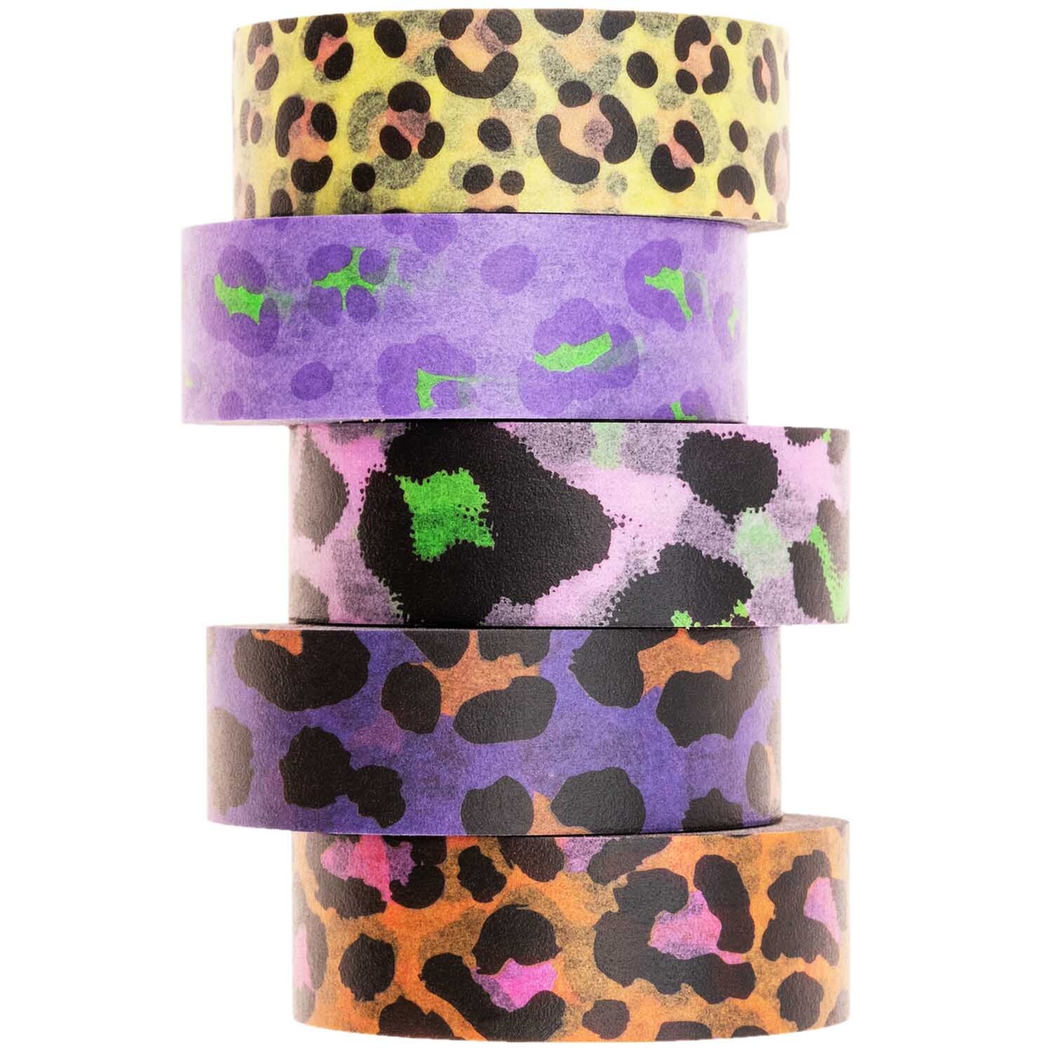 Paper Poetry Tape Set Acid Leo, 5-teilig, mit bunten Leopardenmustern in lebhaften Farben. Ideal für kreative Projekte.