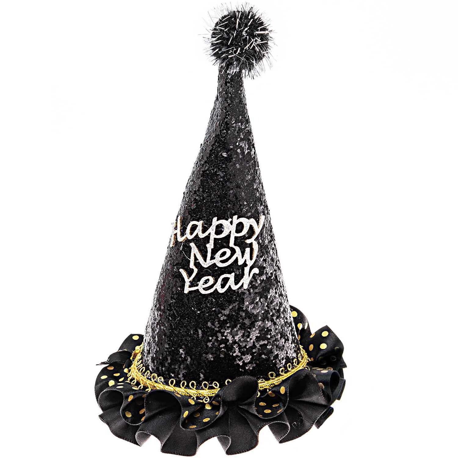 Partyhut Happy New Year mit glitzerndem Design und Pompon, ideal für Silvesterfeiern.