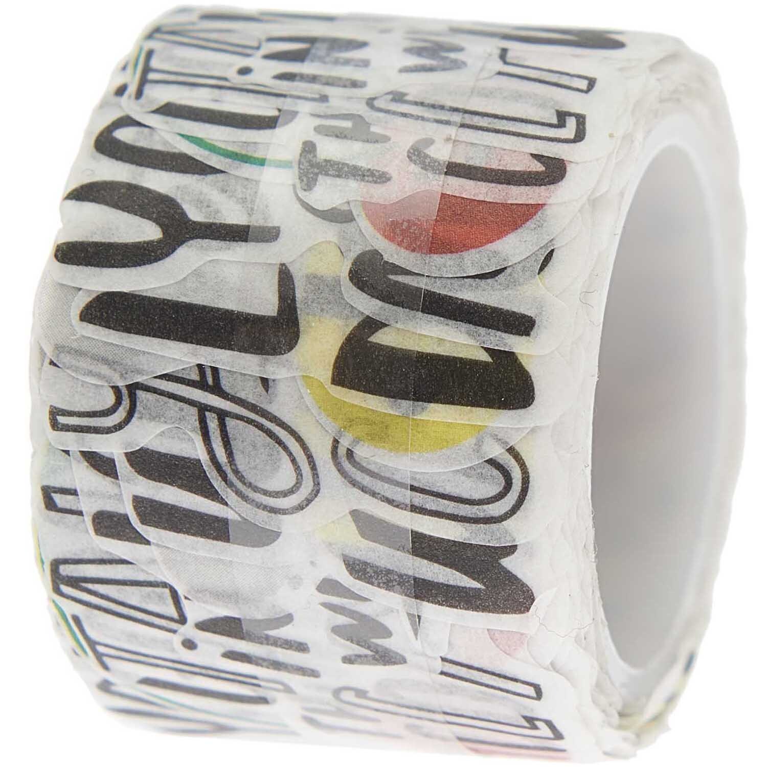 Paper Poetry Washi Sticker Typo 200 Stück von Rico Design zeigt bunte, typografische Muster auf weißem Hintergrund.