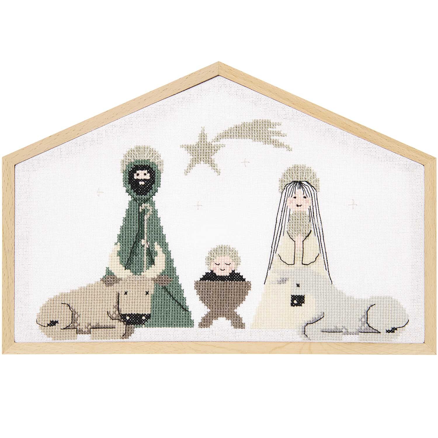 Stickpackung Krippe groß 28x19cm zeigt eine minimalistische Krippenszene von Rico Design.