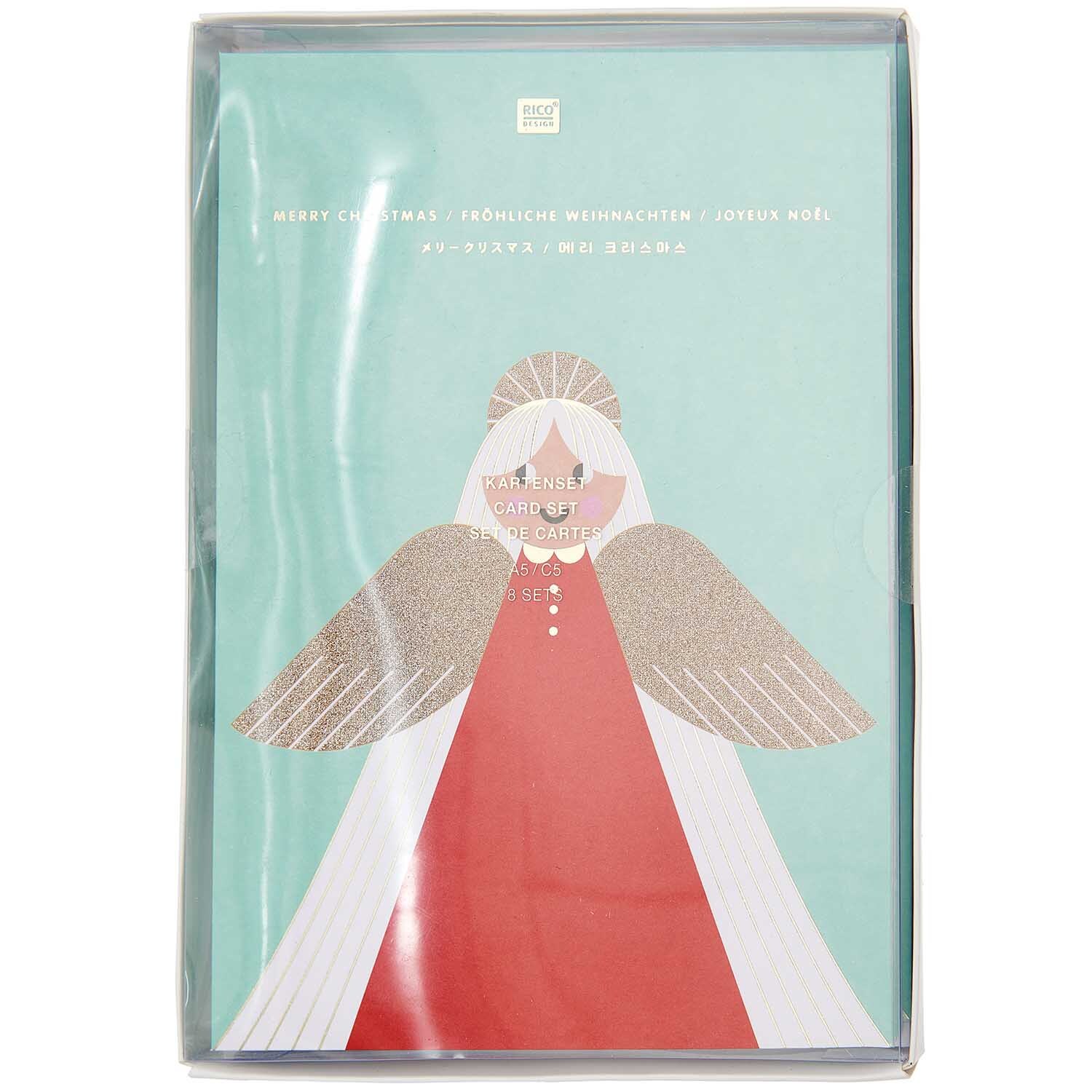 Paper Poetry Kartenset Engel A5 16-teilig von Rico Design Paper Poetry Kartenset Engel A5 zeigt einen stilisierten Engel in Rot und Gold auf türkisfarbenem Hintergrund.