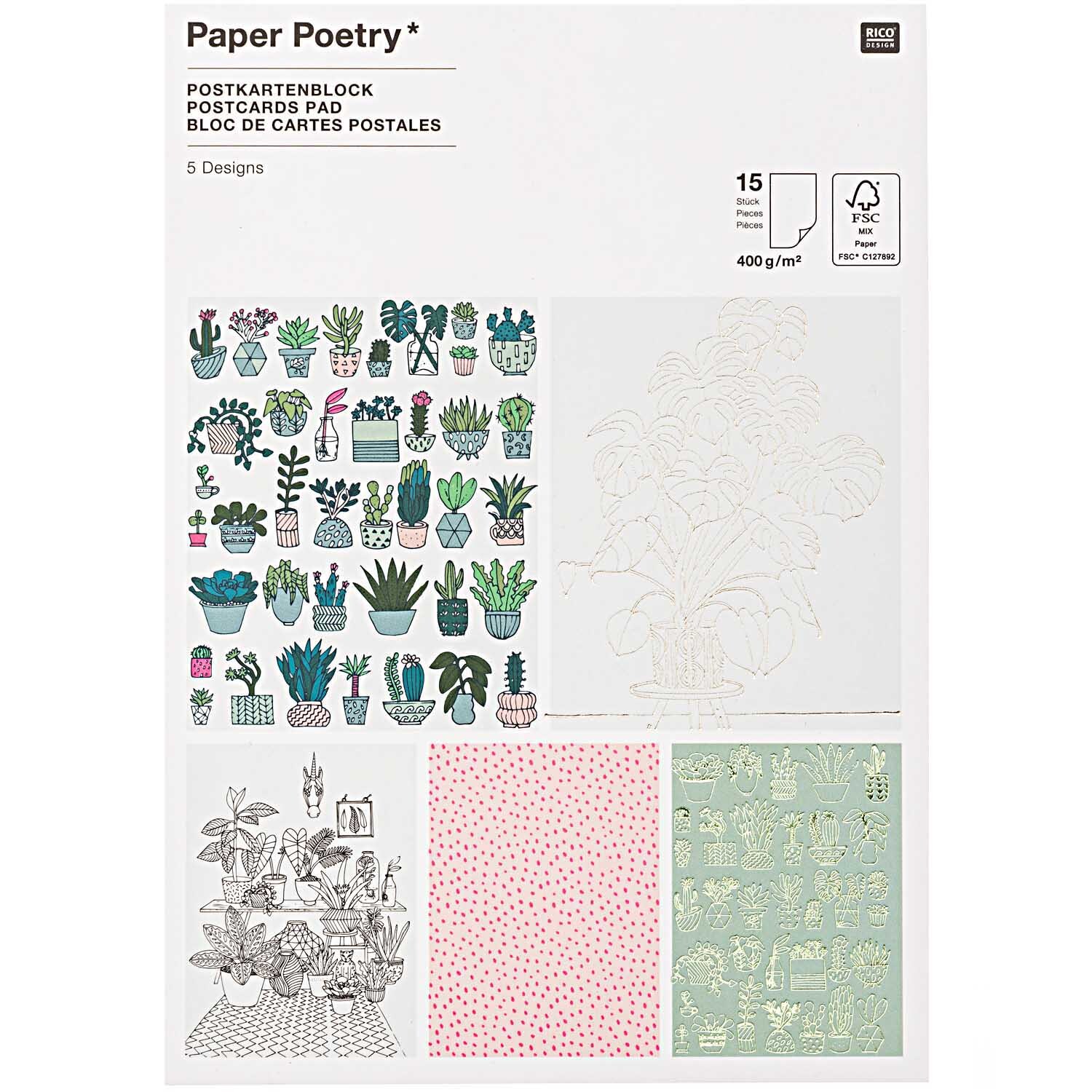 Paper Poetry Postkartenblock Hygge Plants zeigt bunte Pflanzenmotive von Rico Design auf 15 Postkarten. Ideal für kreative Projekte.