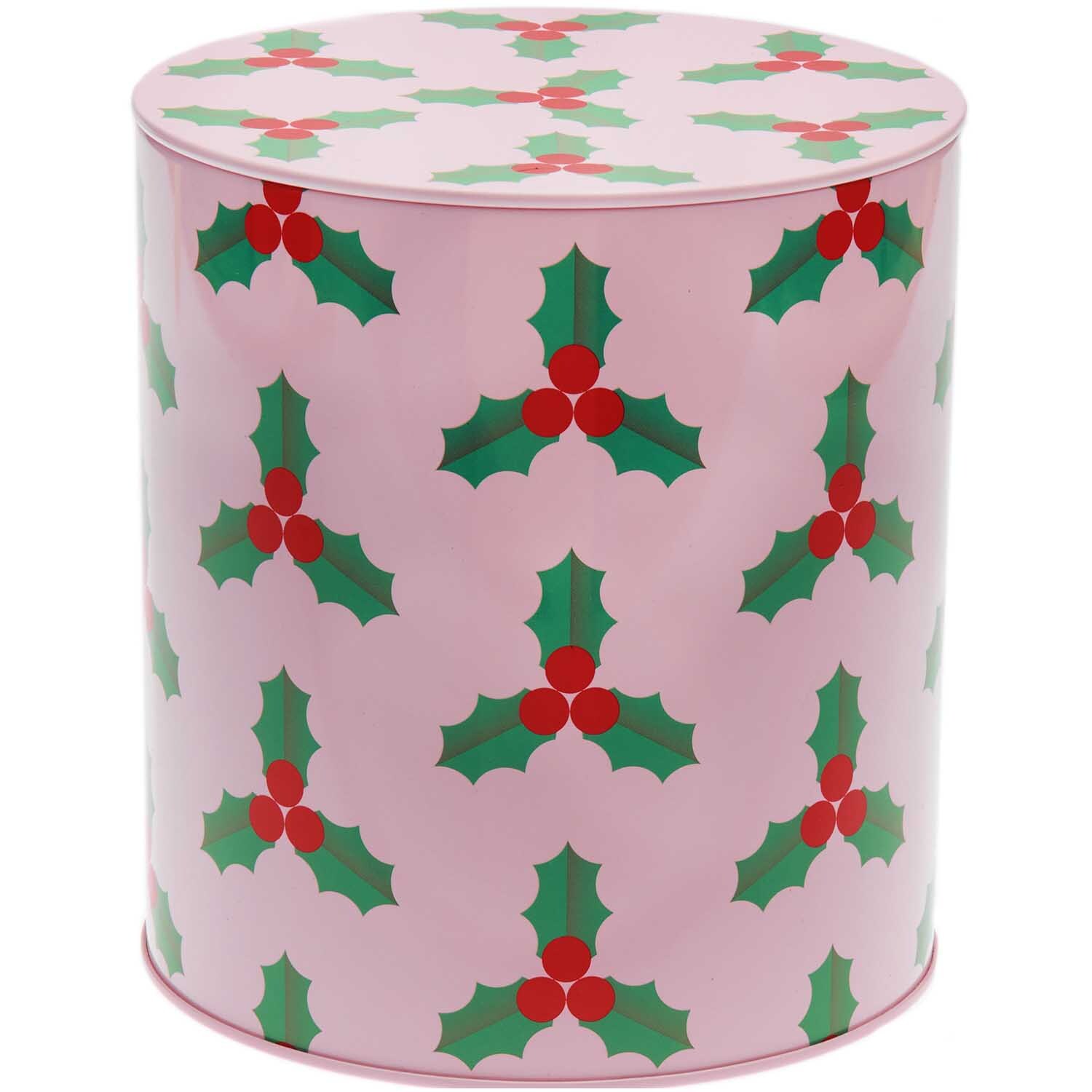 Keksdose Ilex 13,6x15,1cm mit grün-rotem Stechpalmenmuster auf rosa Hintergrund von Rico Design.