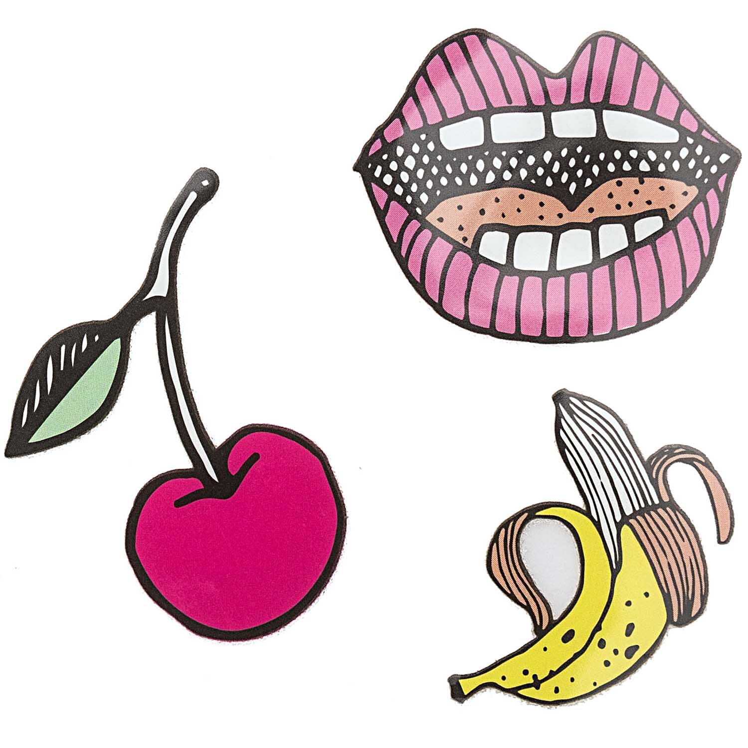Bügelmotiv Kirsche-Banane-Mund: Drei bunte Aufnäher mit Kirsche, Banane und Mund von Rico Design.