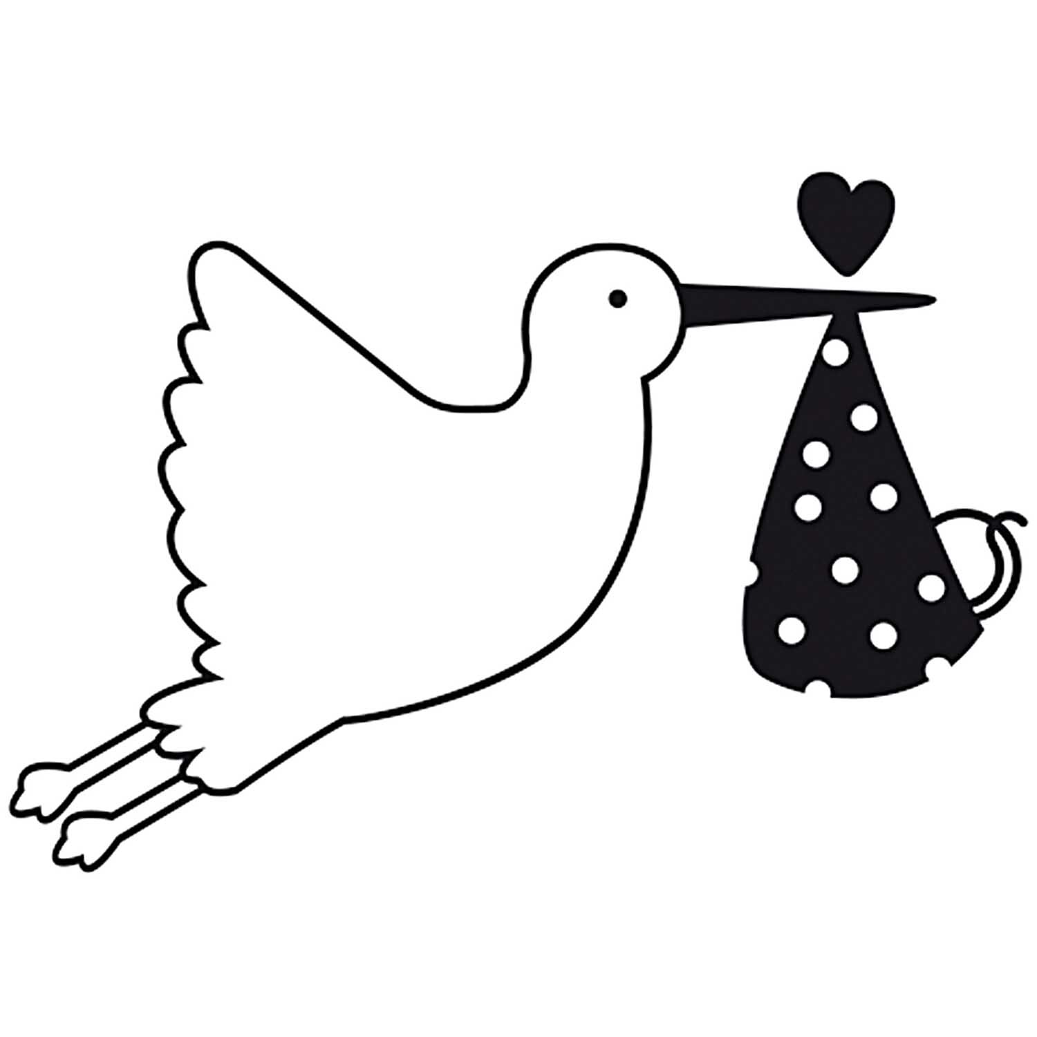 Stempel Storch mit Baby 4x4cm zeigt einen stilisierten Storch mit einem gepunkteten Bündel. Marke: Rico Design.