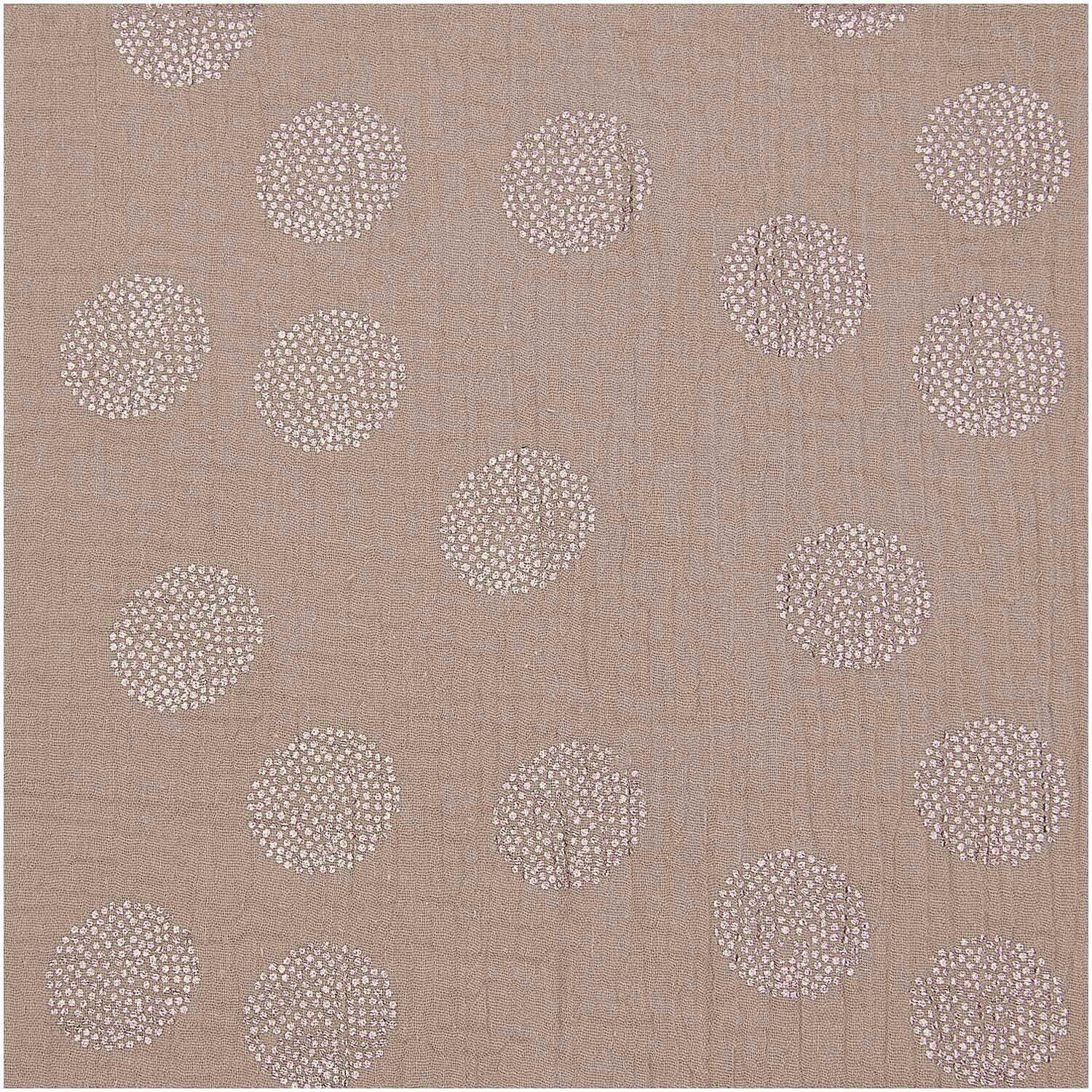 Stoffabschnitt Krinkelmusselin taupe mit Hot Foil von Rico Design, zeigt ein gepunktetes Muster.