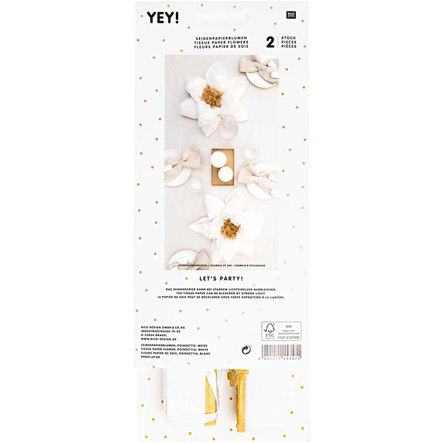 Seidenpapierblumen Weihnachtsstern 40cm, 2 Stück, in Weiß von Rico Design, dekorativ verpackt.