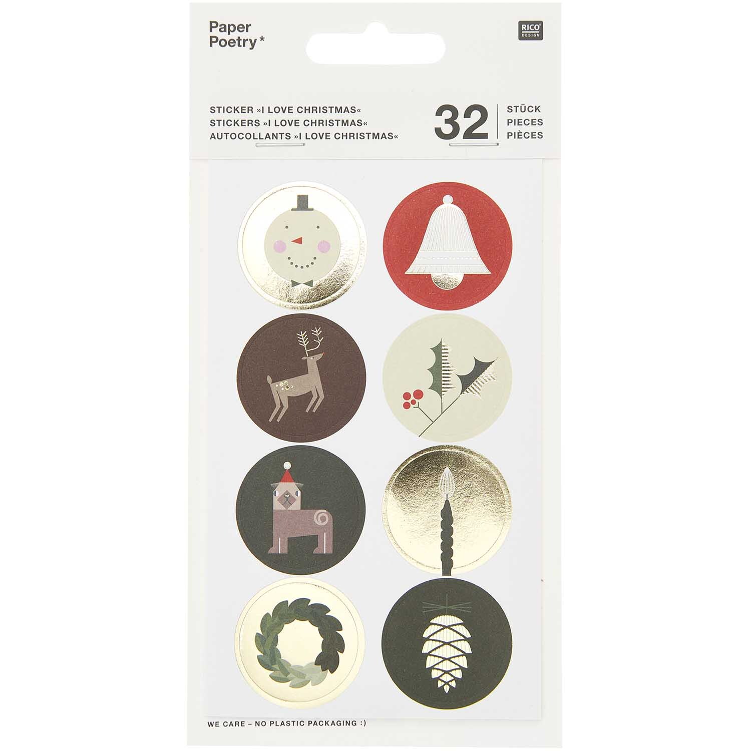 Paper Poetry Sticker Christmas Figuren 4 Blatt zeigt festliche Motive wie Schneemann, Glocke und Rentier. Ideal für Weihnachtsdekorationen.
