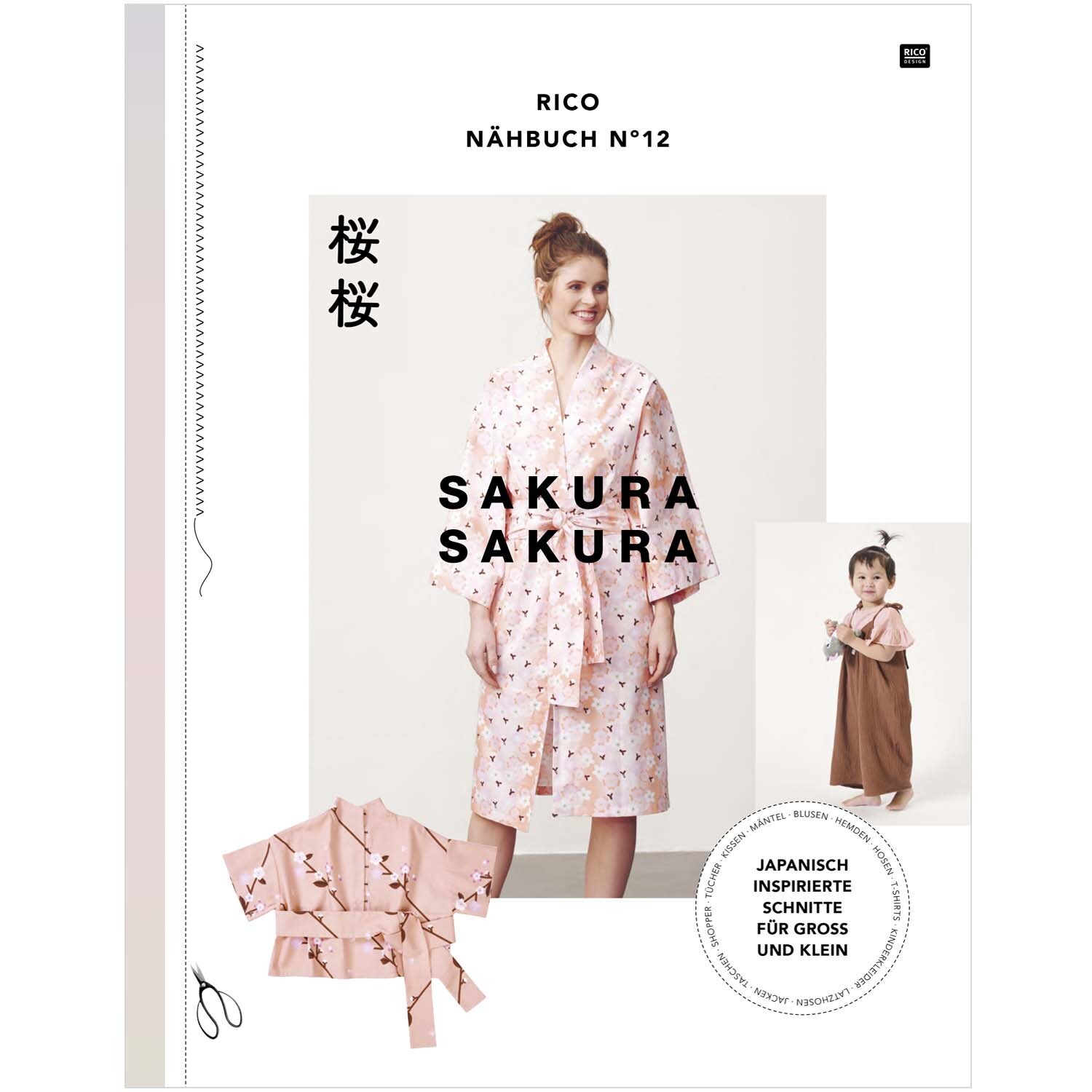 Das Rico Nähbuch Sakura Sakura zeigt ein Modell in einem rosa Kimono mit Kirschblütenmuster.