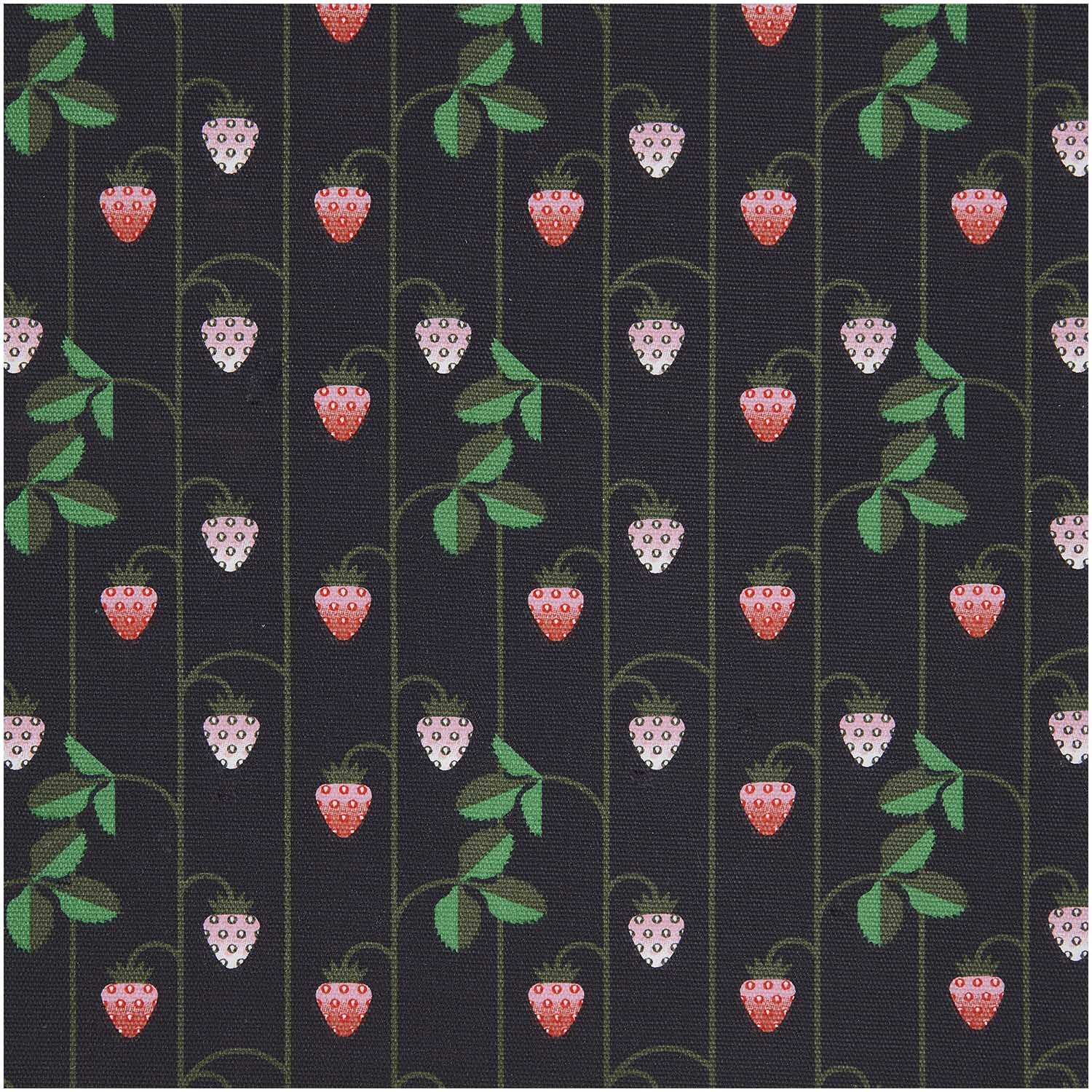 Meterware Canvas Erdbeeren blau: Stoff mit roten Erdbeeren und grünen Blättern auf dunkelblauem Hintergrund. Ideal für kreative Nähprojekte.
