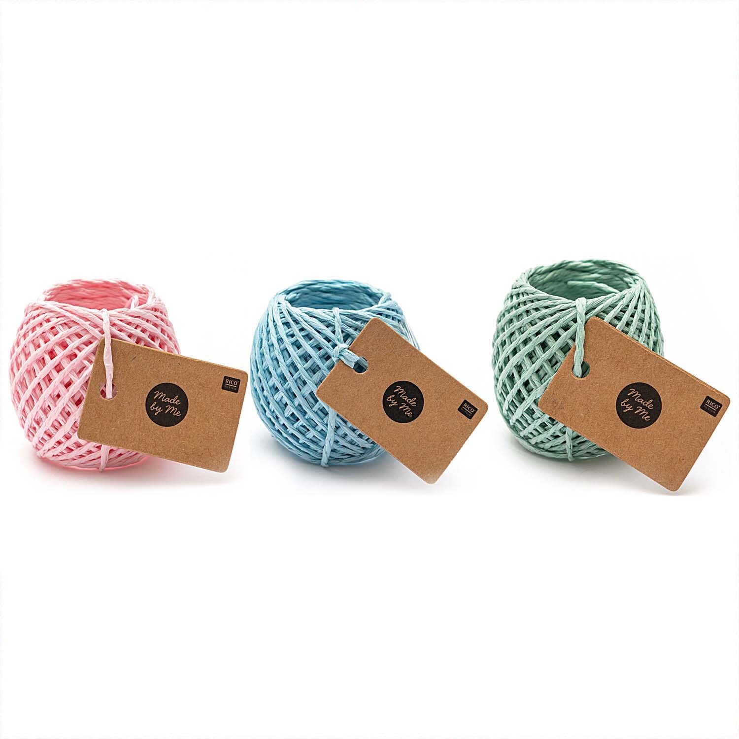 Papierschnur 1mm 20m von Rico Design in Rosa, Blau und Grün, aufgerollt mit Etiketten.