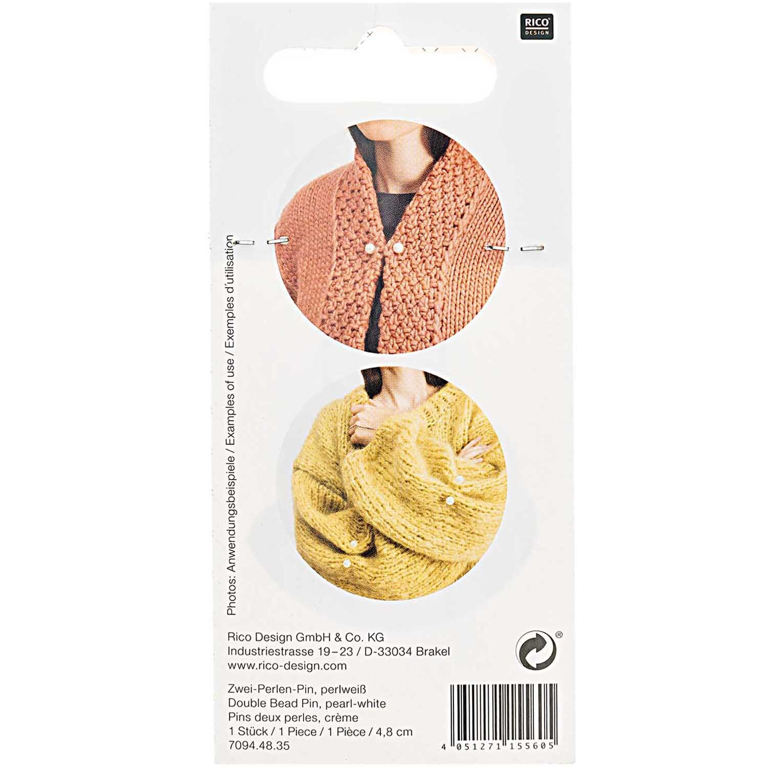 Zwei-Perlen-Pin 48mm 1 Stück Farbe Perlweiß von Rico Design Zwei-Perlen-Pin 48mm von Rico Design, gezeigt an Strickjacken in Orange und Gelb, perlweiß.